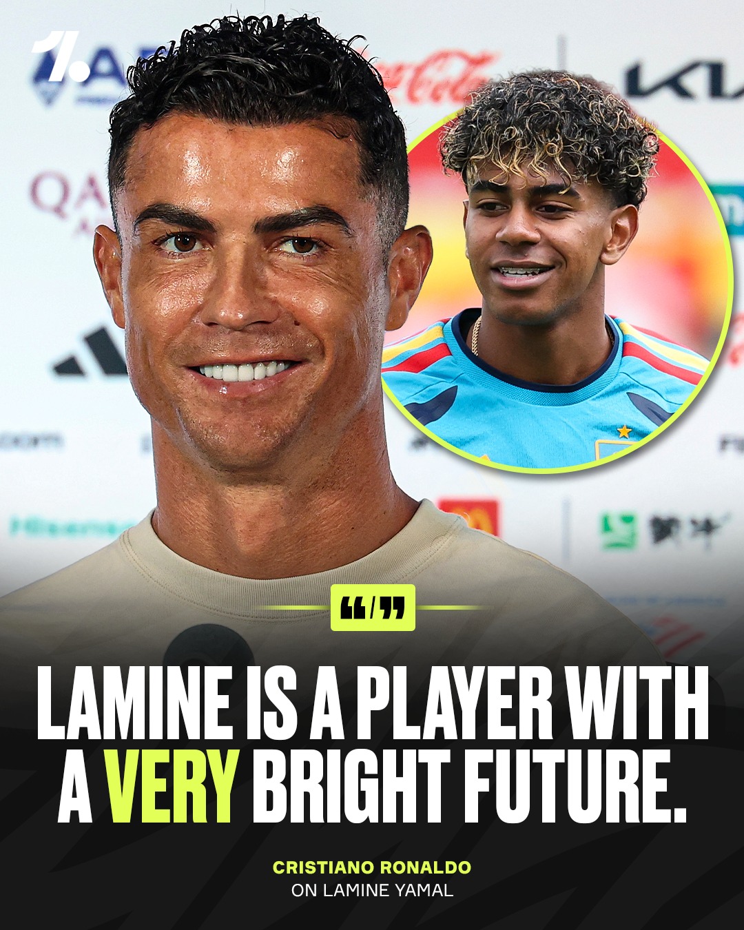 Cristiano Ronaldo was full of praise for Lamine Yamal 🥹🫶

🧠 “Lamine is a player with a very bright future. I didn’t see any of Spain’s matches, I only saw a bit of the game against Cape Verde, but as I said, he has a very bright future,” he said in a press conference.

🗣️ “But I see Spain as a whole. They’re very good, they play very well, and it will be very tough."
