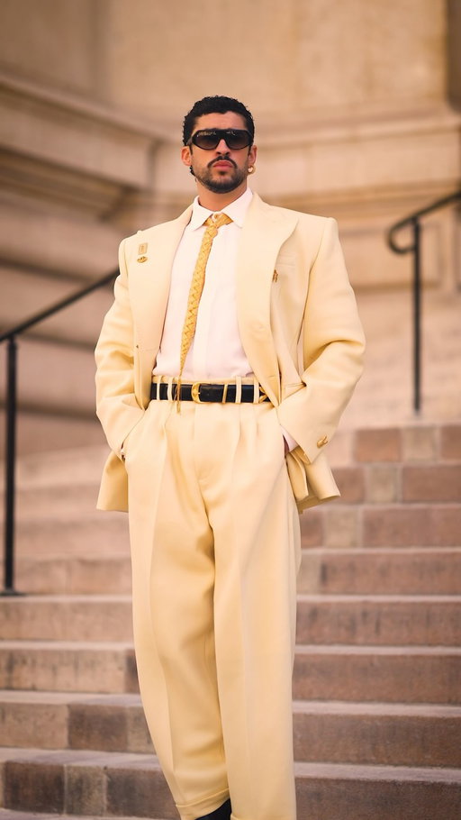 BaD BuNNY CoUTURE

@BADBUNNYPR WEARS CUSTOM SCHIAPARELLI HAUTE COUTURE MAN DESIGNED BY @DANIELROSEBERRY TO THE HAUTE COUTURE FALL/WINTER 2026-2027 SHOW

Benito wears a black and gold threaded « braid » tie, on a white silk shirt and a butter cream double-breasted peak lapel wool and silk suit with matching wide legged trousers. The suit is embellished with bespoke bijoux buttons and lapel pins with the House’s signature Keyhole and Eye details. Styled a glossy black mock croc leather cowboy belt with the signature Anatomy buckle and black leather custom cowboy boots.

📹: @sametgorgozfilms 
Music: @benbrunnemer

#Schiaparelli #BadBunny