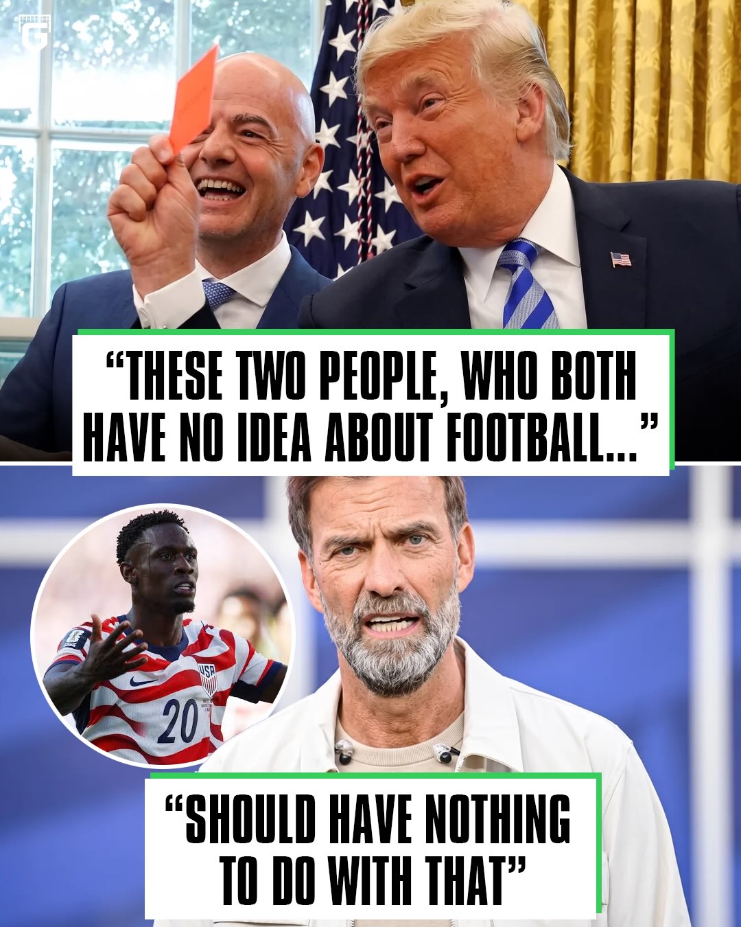 🚨🗣 Jurgen Klopp on Donald Trump calling Gianni Infantino directly: 

"If that really was the case, then that's crazy. Let's just say this is our game, not theirs."

"These two people, who both have no idea about football, should have nothing to do with that."

"That was a red card. There are no two ways about it. We're sorry for Balogun because he didn't mean to do it. But that's what the rules say."👀