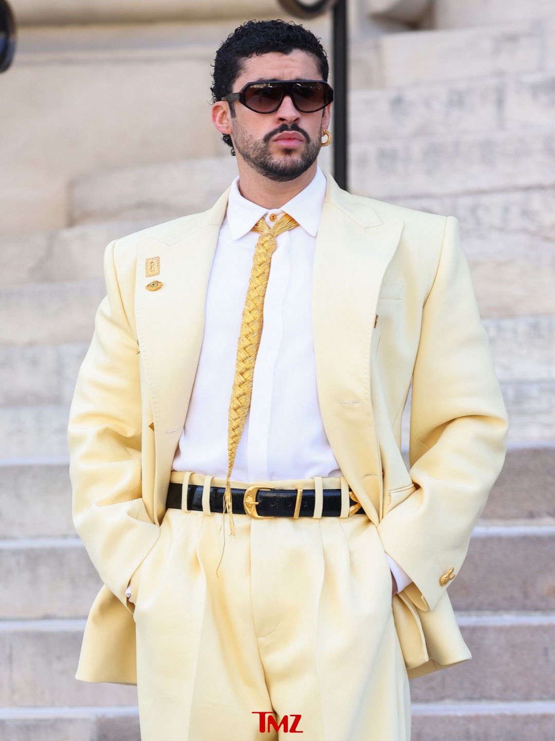 Bad Bunny attends the Schiaparelli Haute Couture Fall/Winter 2026/2027 show as part of Paris Fashion Week 🔥

📸: Getty