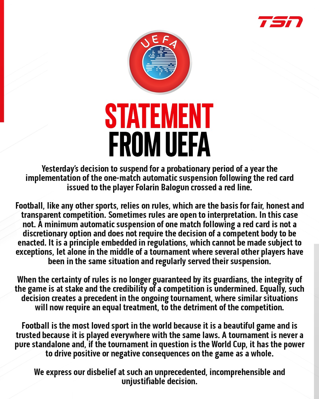 UEFA has released a statement expressing disbelief at FIFA's decision to suspend Folarin Balogun's red card ban in the Round of 16, saying that it "crossed a red line." #FIFAWorldCup
