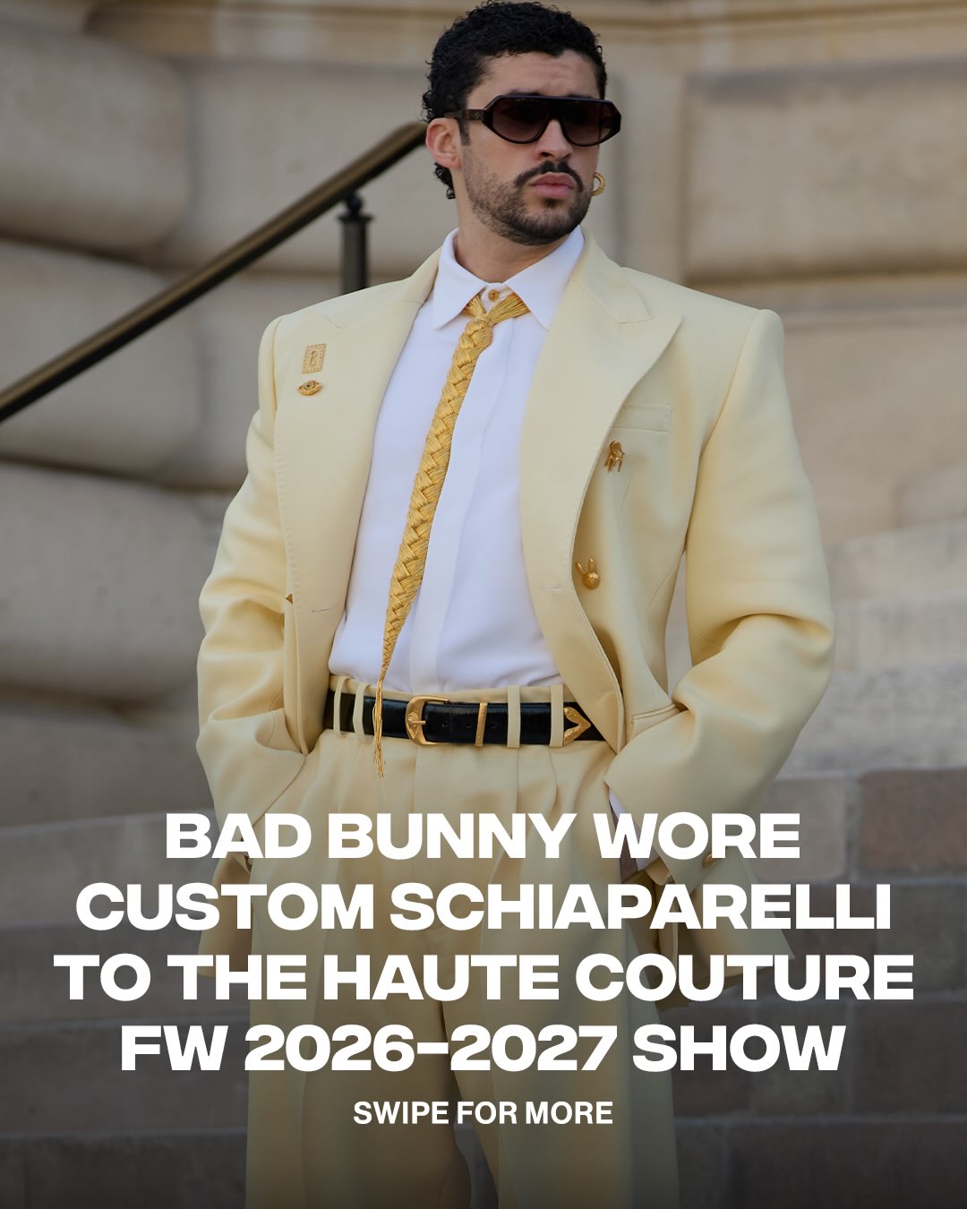 Benito 🤝 Schiaparelli 😮‍💨

Bad bunny attended the @schiaparelli Haute Couture FW 2026-2027 show in Paris. He wore a custom look from the fashion house which featured custom pins designed after his logos and album covers.
