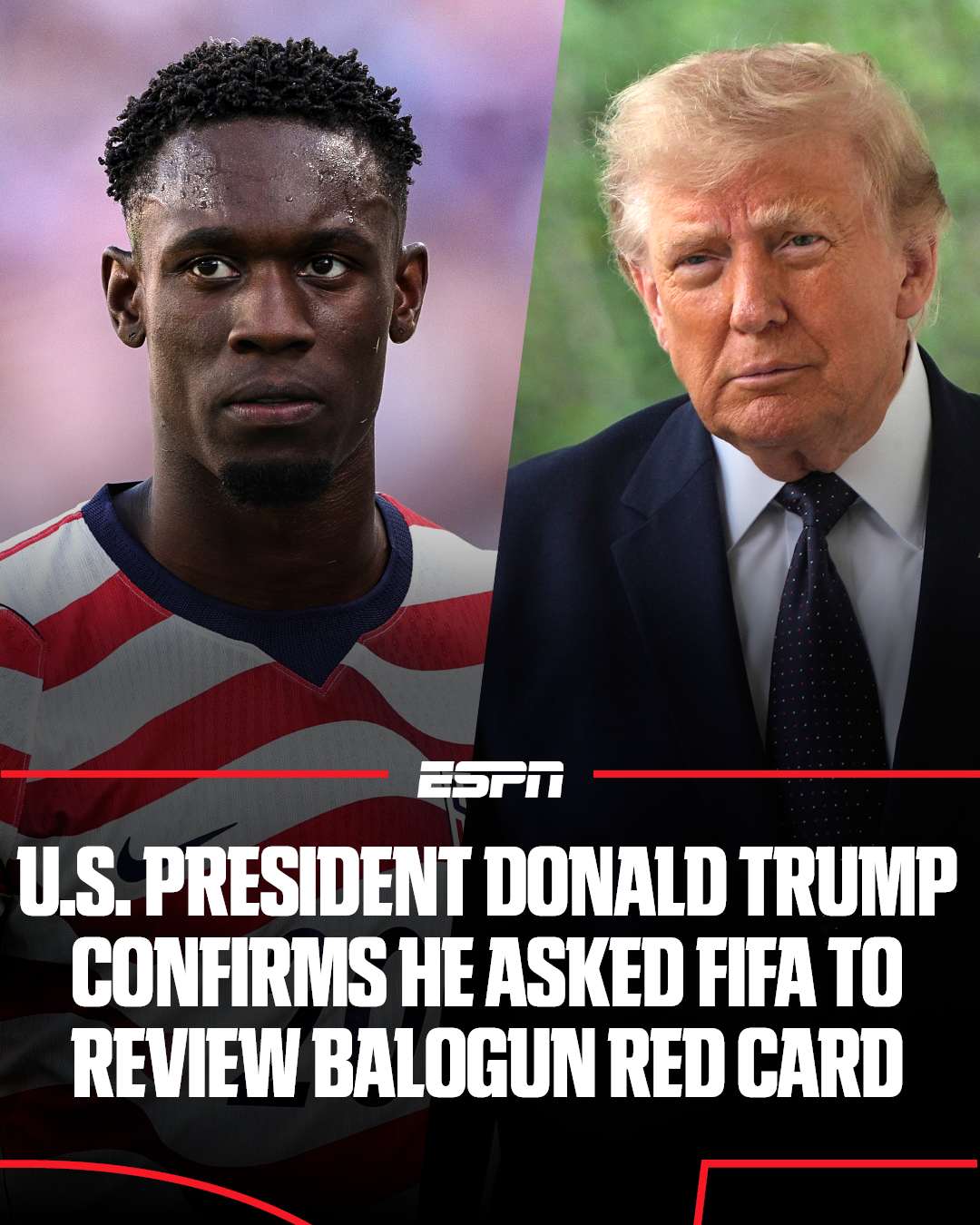 U.S. President Donald Trump said Monday he called FIFA president Gianni Infantino to review the red card given to USMNT striker Folarin Balogun in the team's match against Bosnia-Herzegovina. Link in bio for more.
