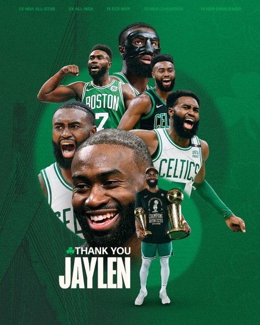 The impact you made both on and off the court will forever be felt by the city of Boston and Celtics fans everywhere. Thank you to one of the all-time great Celtics, Jaylen Brown ☘️⁣
⁣
✅ 5x All-Star⁣
✅ 2x All-NBA Second Team⁣
✅ ECF & Finals MVP⁣
✅ NBA Champion