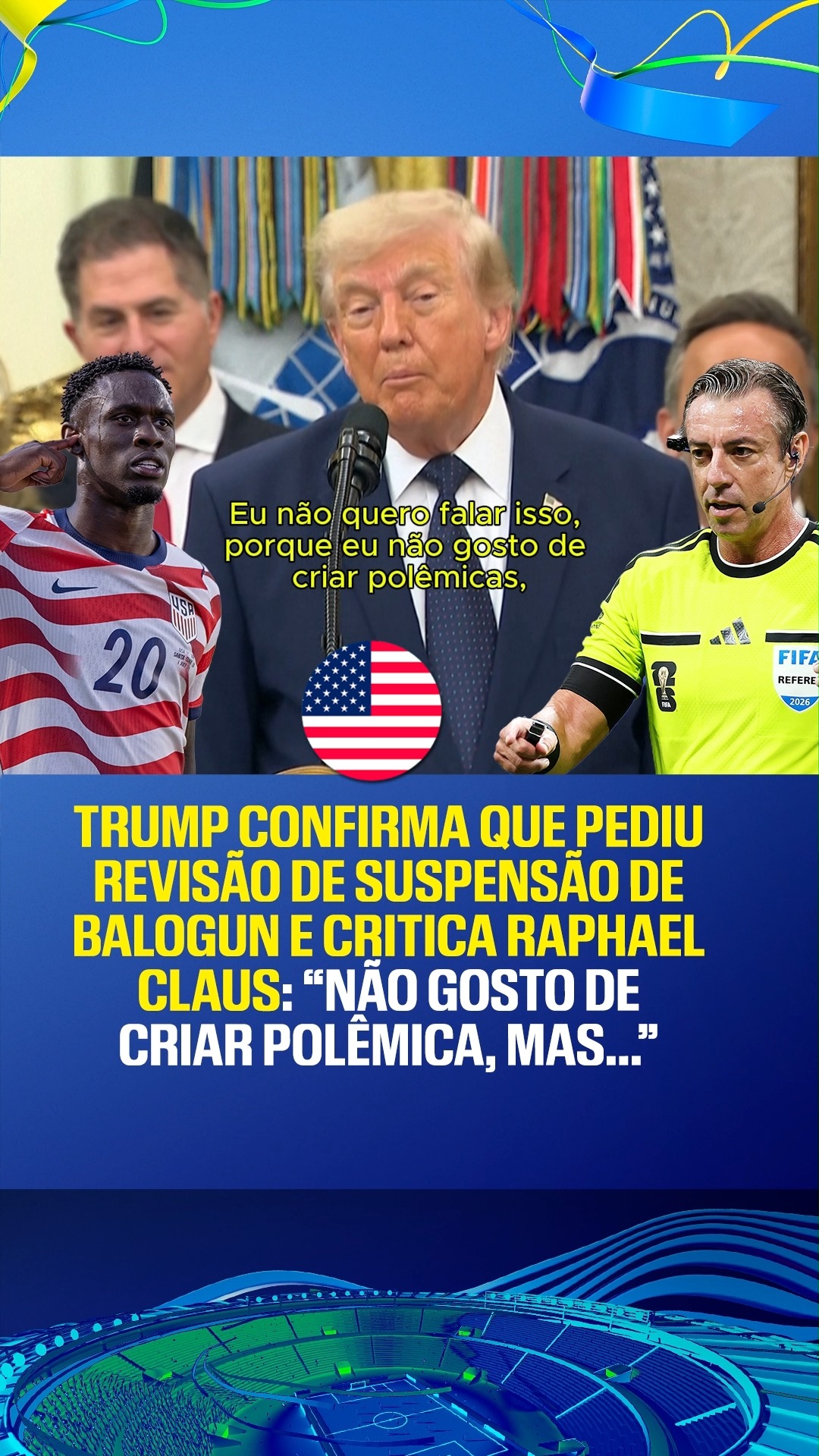 A decisão do Comitê Disciplinar da Fifa em reverter a suspensão automática a Folarin Balogun ganhou um desdobramento importante nesta segunda-feira (6). Em conversa com jornalistas na Casa Branca, o presidente dos Estados Unidos, Donald Trump, disse que pediu à entidade para que fosse revisado o cartão vermelho ao atacante.

Balogun foi expulso no segundo tempo da vitória dos Estados Unidos por 2 a 0 diante da Bósnia, na fase 16 avos da Copa do Mundo, e ficaria de fora da partida diante da Bélgica.

👉 Assista à Copa do Mundo FIFA pela CazéTV, no #DisneyPlus, sem custo adicional.

#ESPN2026 #FIFAWorldCup #Portugal