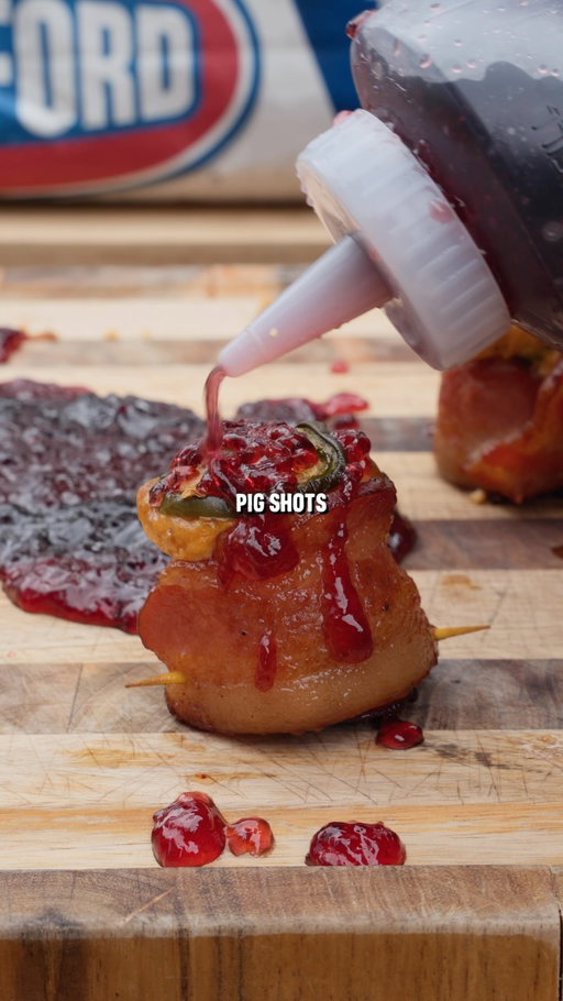 Pig Shots with Grape Jelly

Recipe:
-Cut kielbasa into 1 inch coins and wrap in a thick cut 1/2 slice of bacon.
-Secure with a toothpick and fill with the filling.
-Make filling by mixing shredded pepper jack cheese, cream cheese, jalapeño peppers, chopped bacon, and BBQ rub.
-Top with a fresh cut jalapeño slice and grill indirect at 325F for around 45 minutes.
-As they cool, drizzle with grape jelly, and enjoy.

#bbq #bacon #smokedmeat #appetizers #meat