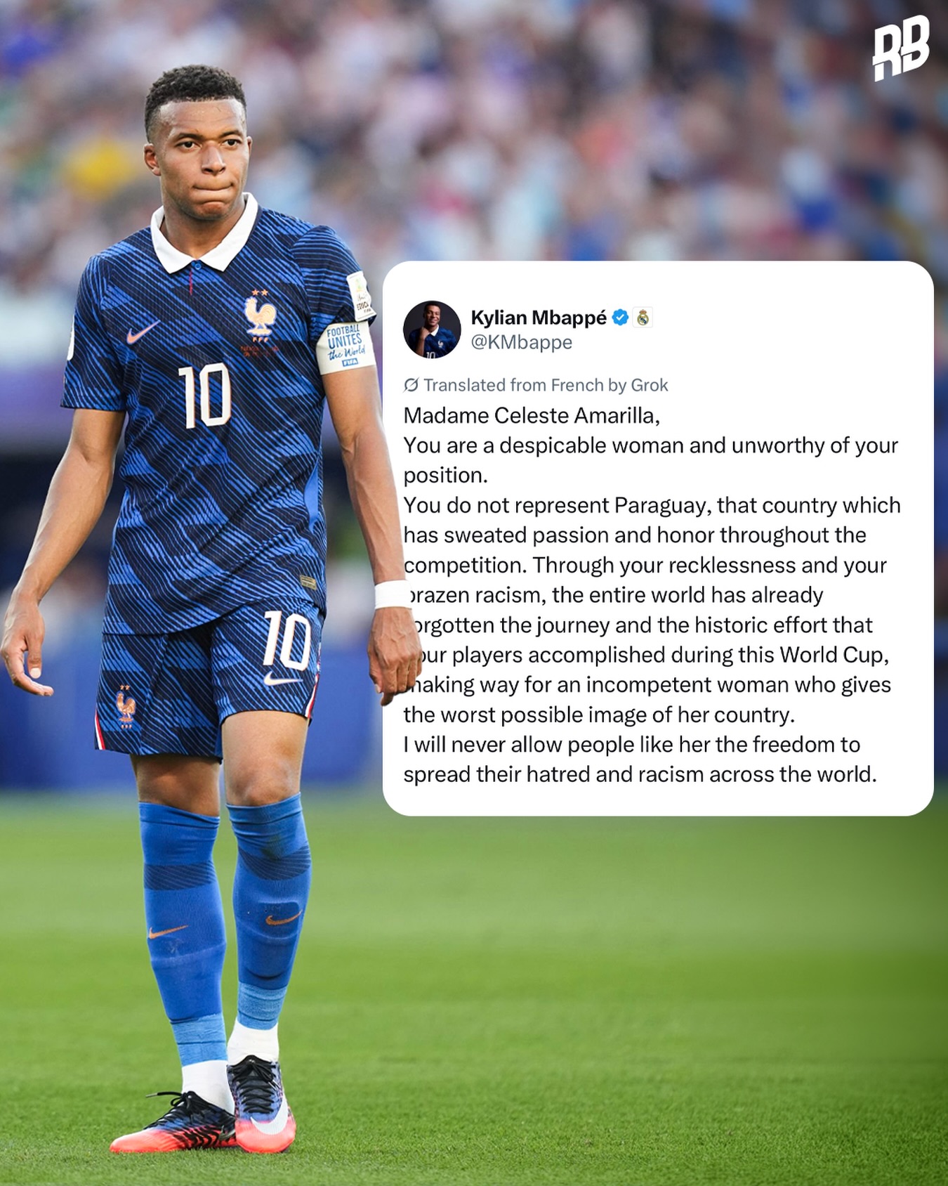 Kylian Mbappe has just dropped a big statement against Paraguay’s senator Celeste Amarilla after she made remarks about Mbappe and France. 

It’s so good to see footballers stand up for themselves especially at the biggest stage. Feel like more players can look at this and stand up for themselves too against all the statements and hate they get. 

Good on Mbappe for this, remarks like that have no place in the game and he’s done the right thing 🙏