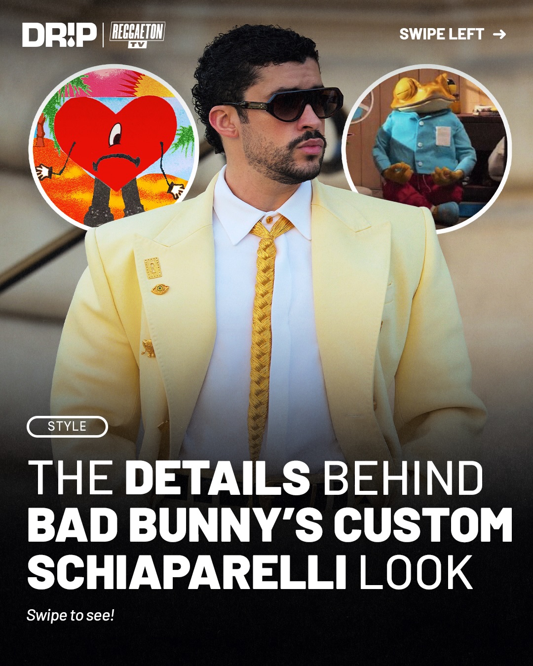 Bad Bunny attended the Schiaparelli Haute Couture Fall/Winter 2026/2027 show in Paris wearing a custom butter yellow silk suit featuring symbolic gold brooches inspired by different moments throughout his music career. What do y’all think of the look?