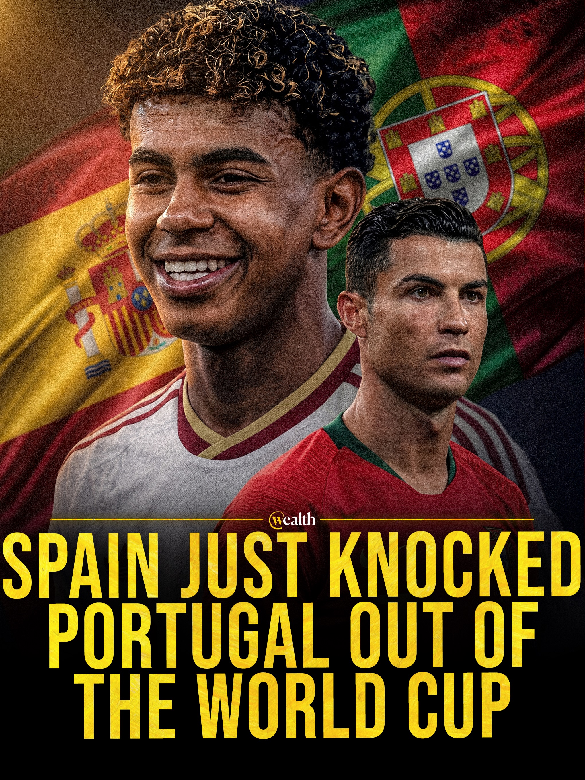 Spain have knocked Portugal out of the World Cup. ⚽️

The Iberian rivals met in Arlington with a quarterfinal place on the line, and Spain came out on top to keep their 2026 FIFA World Cup run alive. Lamine Yamal and Spain’s new generation move into the final eight, while Cristiano Ronaldo’s final World Cup ends in the Round of 16.

Spain move on. Portugal are going home.

Spain Portugal WorldCup FIFAWorldCup Football