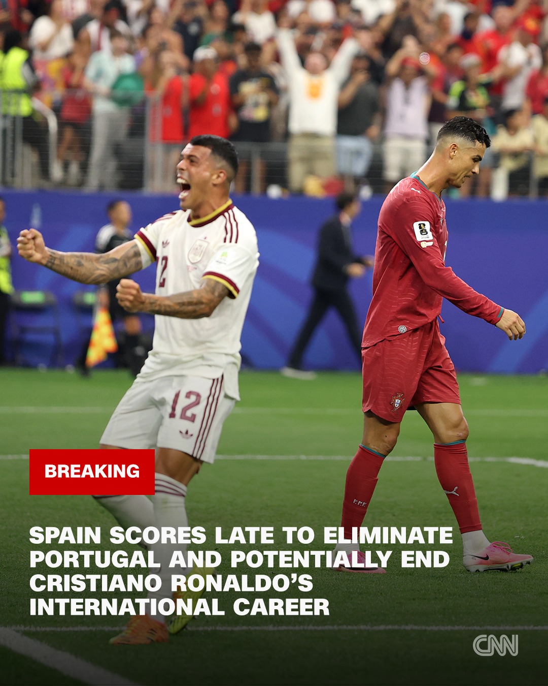Spain's late goal eliminated Portugal from the 2026 World Cup and may have just put an end to the illustrious international career of Cristiano Ronaldo.

Mikel Merino's goal in the 91st minute was all the Spanish needed to advance to the quarterfinals, where they will play the winner of Monday's USA-Belgium match. The goal decided a war of attrition after both teams had failed to live up to the hype of the massive match.

The 1-0 loss ends Ronaldo's sixth World Cup in the Portugal side and it's difficult to see him returning for another in four years' time when the legendary player will be 45 years old. An emotional Ronaldo had tears in his eyes as he walked around the pitch post-match, applauding the Portuguese fans.

Read more at the link in @cnn's bio. 

📸: Florencia Tan Jun/Getty Images