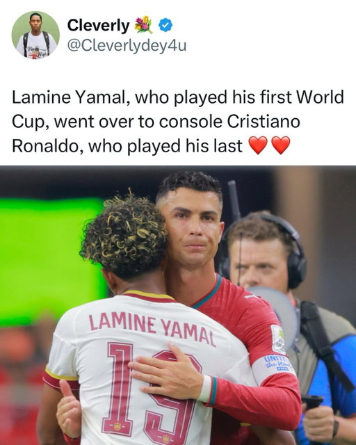 18-year-old Lamine Yamal went right to 41-year-old Cristiano Ronaldo after Spain knocked Portugal out of the World Cup ❤️

Respect 🤝 (h/t cleverlydey4u/x)