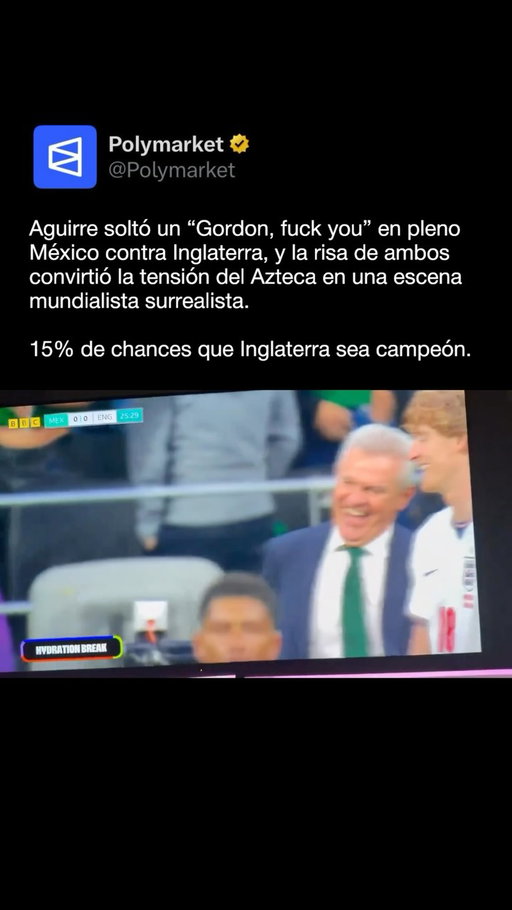 Javier Aguirre lanzó un “Gordon, fuck you” a Anthony Gordon durante el México vs Inglaterra y la escena terminó con ambos riéndose.

El cruce mostró el lado más absurdo del partido: tensión total en el Azteca, México eliminado e Inglaterra avanzando entre roces y humor mundialista.

#México #Inglaterra #Mundial2026 #Polymarket