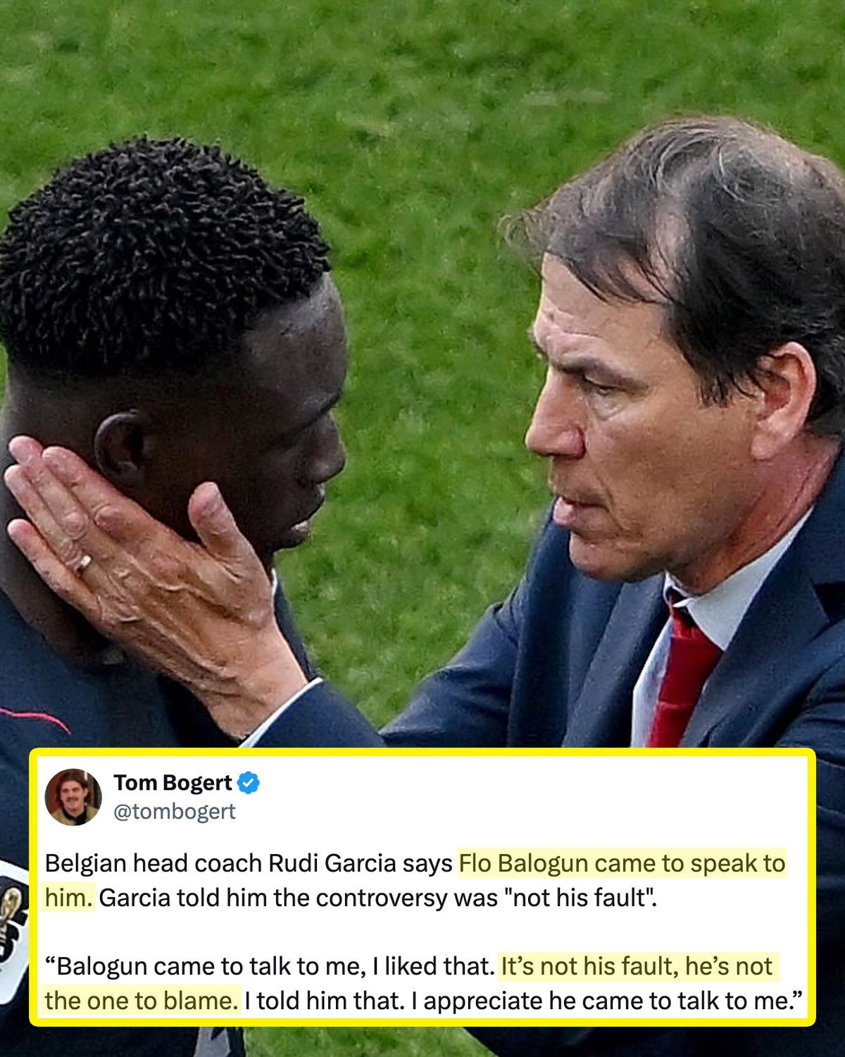 Belgium head coach Rudi Garcia said he spoke with USMNT striker Flo Balogun after the Belgians’ 4-1 win, and that Garcia told Balogun the controversy was “not his fault.”

“I appreciate he came talk to me,” said Garcia, who criticized FIFA for suspending Balogun’s one-match ban for his red card against Bosnia and Herzegovina.