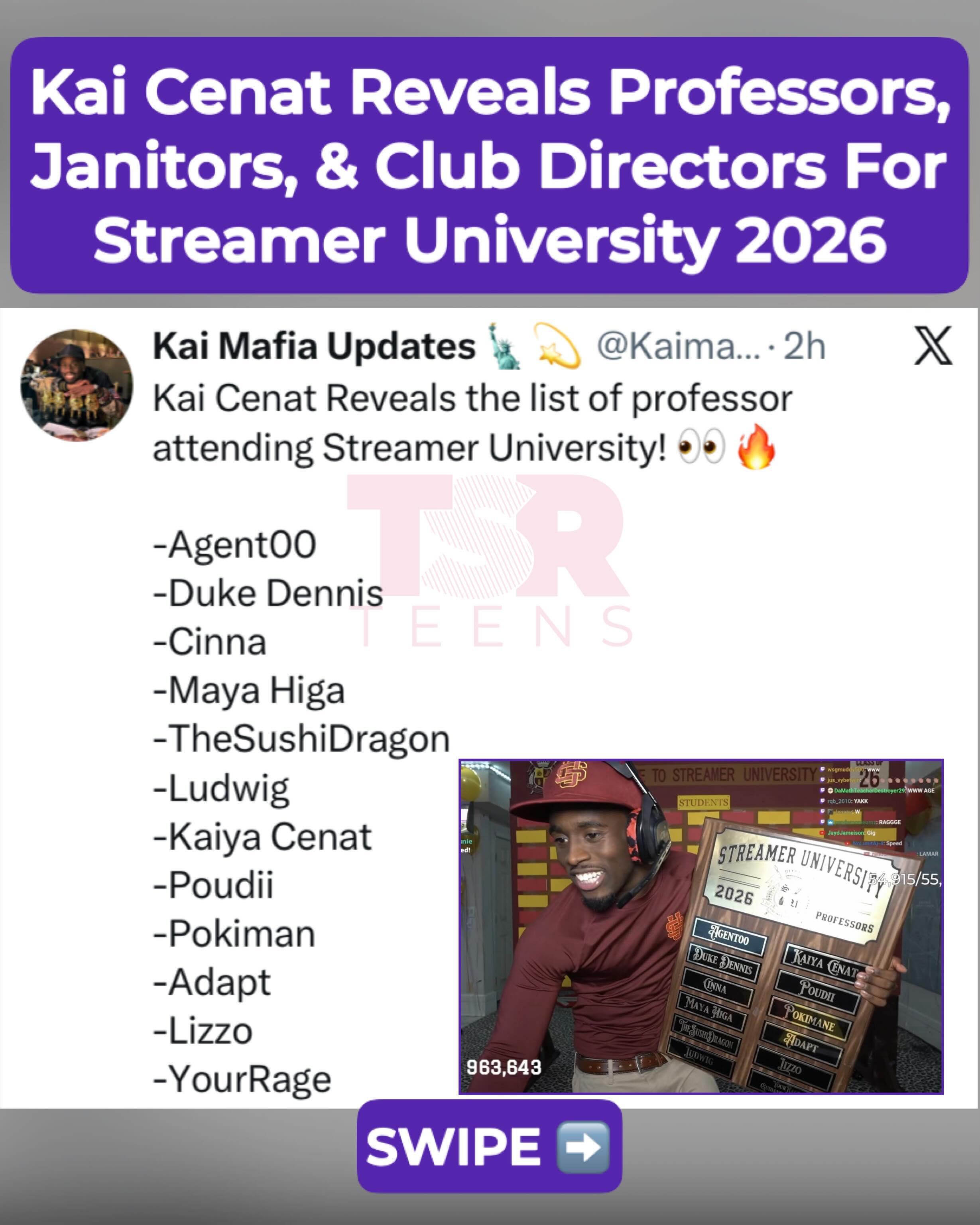 #KaiCenat’s Streamer University reveal is officially underway! He’s already unveiled the 2026 professors, campus police, janitors, and club directors! SWIPE for some moments from the reveal, and let us know who you’re excited to see! (✍🏽: #TSRStaffKH)