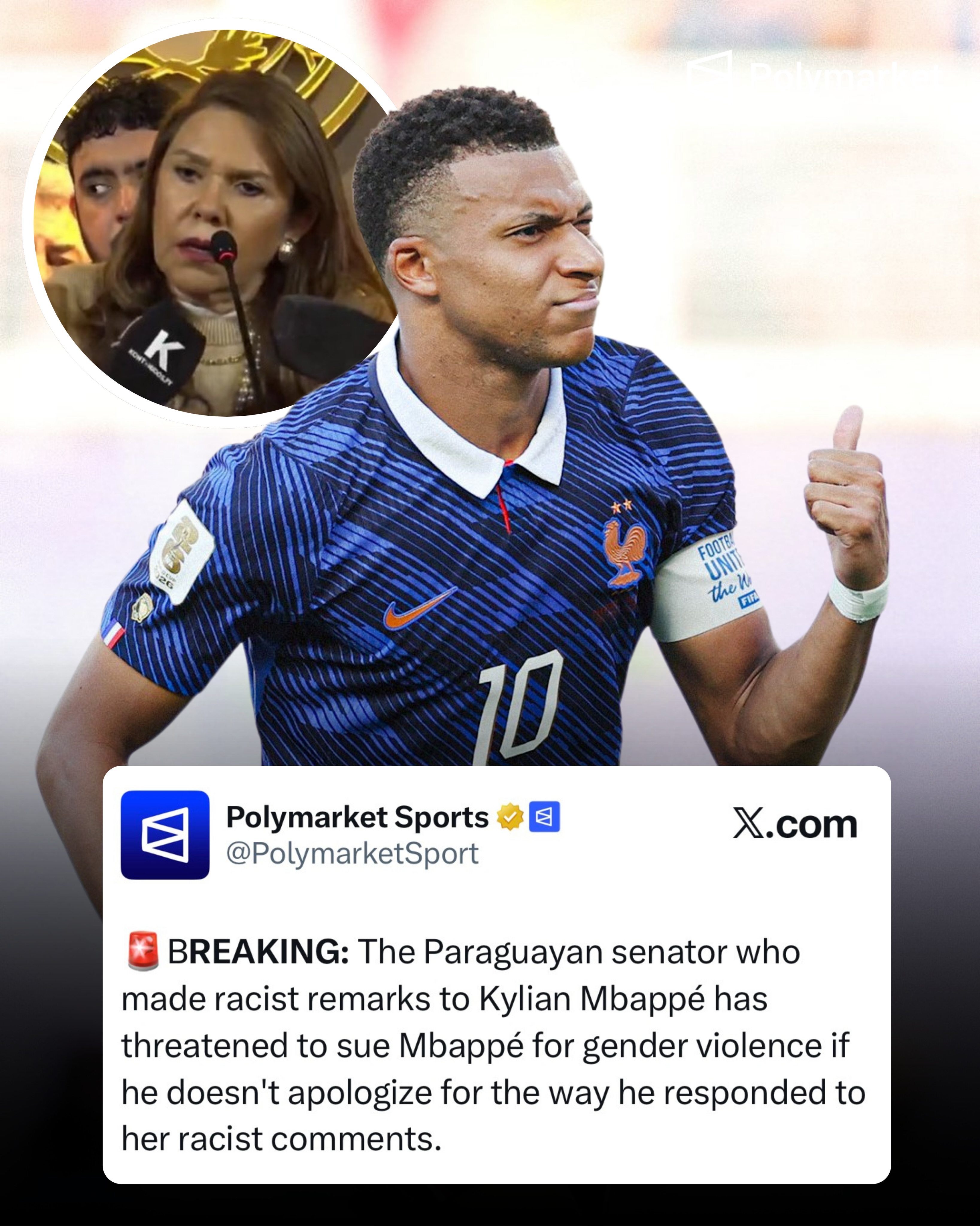🚨😳 BREAKING: Celeste Amarilla has THREATENED to SUE Kylian Mbappé for GENDER VIOLENCE if he does not APOLOGIZE to her.

“Who are you to call me unworthy or despicable if you don’t even know me?! Pure and simple gender violence!

Political violence against a woman who got where she is with the popular vote of her people. 

You, of all people, despising the gender, you, of all people, offending women. I didn’t attack your skin color or your preferences. Don’t you attack my status as a woman and a politician.

Retract your statement, honor your French citizenship, and apologize to me. Otherwise, I may initiate legal action for gender violence.”