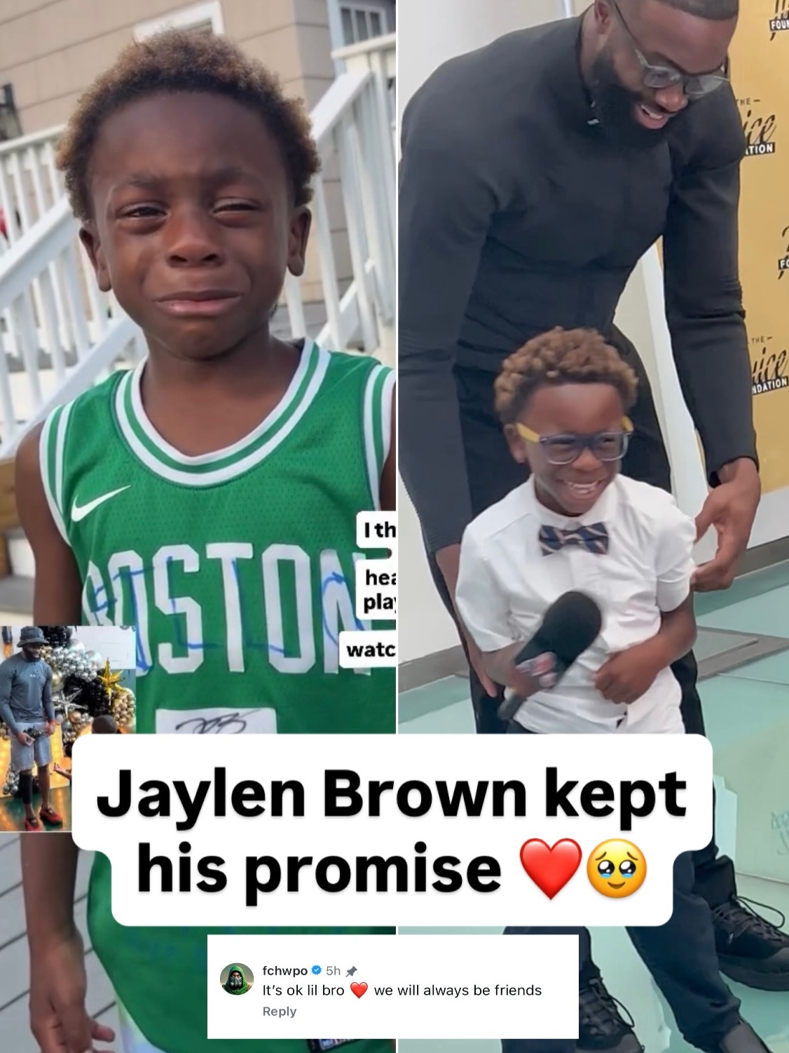 Jaylen Brown told this heartbroken Celtics fan that they will always still be friends.

Days later, Jaylen invited the young fan, Gio, to his event to personally meet him ❤️

(via gio_thetiger, @babzonthemic)