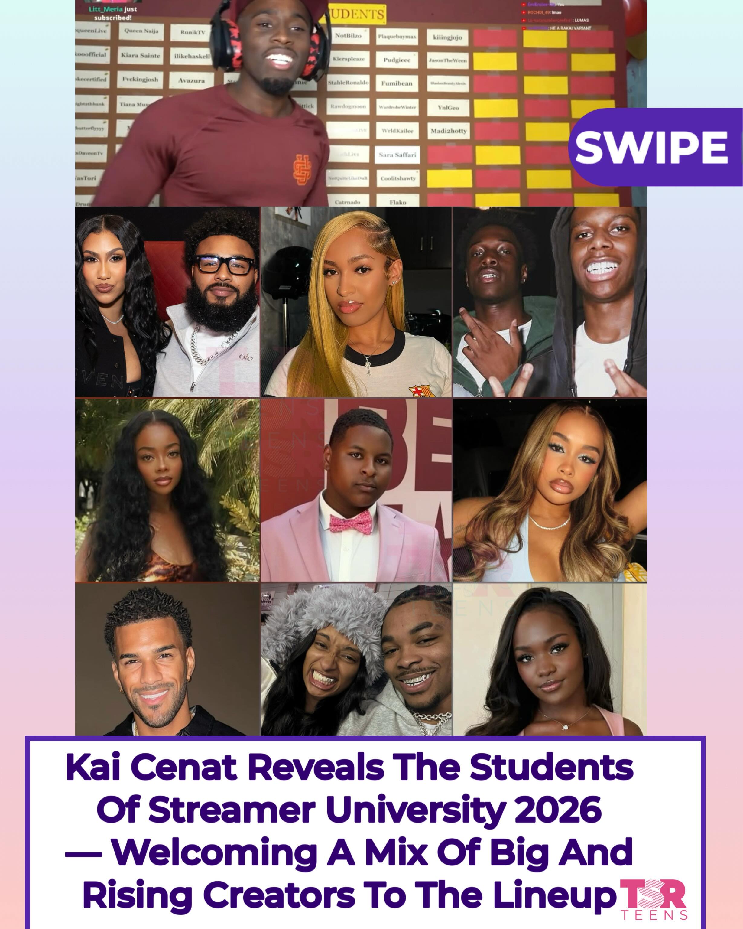 #TSRTWatchParty: #KaiCenat had a huge lineup as he revealed the students for Streamer University 2026! 🎓 With over 100 creators, he introduced a lengthy list of well-known and rising creators from all around. SWIPE —- TeaMates, who are y’all most excited to see this year? (📸: @gettyimages) ✍🏾: #TSRStaffTC