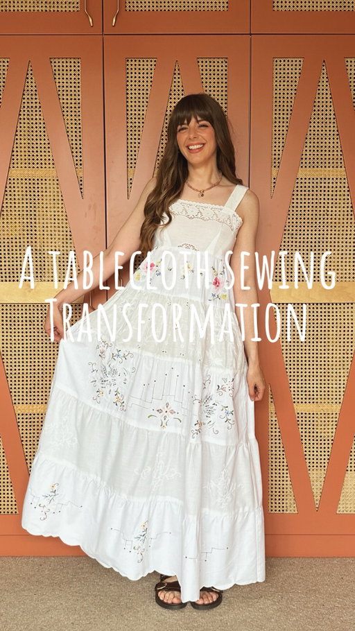 Another sewing project complete and this one really challenged my sewing creativity! Using old scraps, vintage trims, doilies and preloved tablecloths to create a summer dress. This project got me thinking outside the box, experimenting with fabric position and changing details every step of the process. I’m thrilled with the end result, what do you think of this sewing transformation? #sewingprojects #sewingpattern #sewingtutorial #vintagesewing