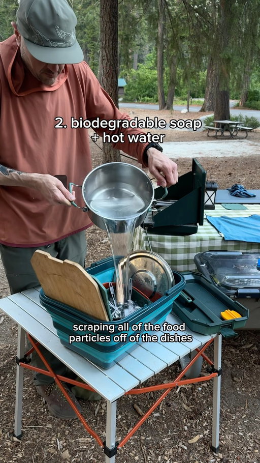 Grateful that he does my least favorite camp tasks 🙇🏻‍♀️

Here’s the process:
* Scrape food scraps into the trash first.
* Heat water on your camp stove and use biodegradable soap to wash everything in a basin.
* Dump the wash water, then refill the basin with fresh hot water for a final rinse.
* Dispose of your dishwater according to the campground’s guidelines. Some campgrounds have designated wastewater drains, while others recommend straining it and scattering it at least 200 feet from lakes, rivers, and streams.
* Dry everything completely before packing it away.