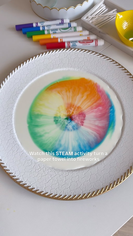 The easiest STEAM activity you’ll do with your kids this summer! ❤️

Cut a circle out of paper towel, draw dots of washable marker in a pattern (or go random), then add a drop of dish soap to the center. Place it in the center onto a plate of milk and watch the colors burst outward on their own. 🤩

The science: soap breaks the milk’s surface tension and races to bond with the fat molecules, pushing the color out along the ridges as it spreads.

Such an easy, mess-free STEAM activity for a rainy afternoon!

👉 Save this for your next activity at home!
❤️ Follow @mom.in.a.million for more STEAM activities.

#ScienceForKids #STEMKids #magicmilk #MilkExperiment #SurfaceTension KidsActivities LearningThroughPlay HomeschoolIdeas PreschoolActivities FunLearning DIYScience MomLife Parenting FamilyFun