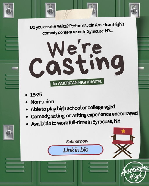 Chronically turning every situation into a bit? We might have a job for you. 🏫🎬 Apply now — link in bio.

#AmericanHigh #NowCasting #SketchComedy #ContentCreator #ComedyTok