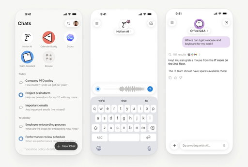 Meet the Notion Agents iOS app.

A voice note. A photo of a napkin sketch. A question at 11pm. All handled before you're back at your desk.

A team of agents, in your pocket.

Download the iOS app → ntn.so/ios