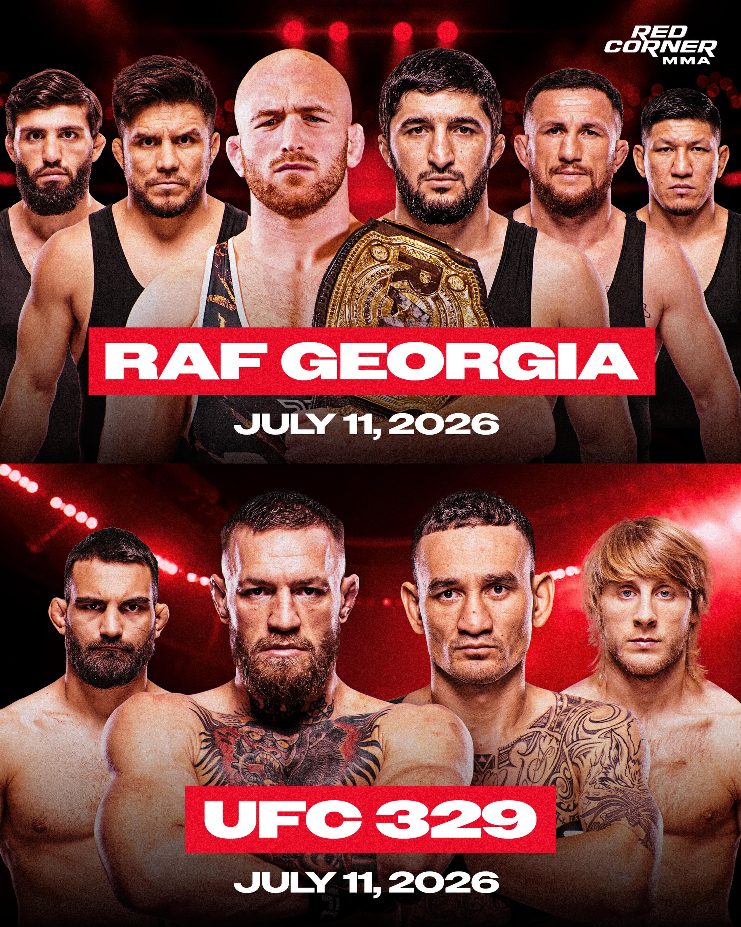 Another huge weekend in combat sports is almost here, with a stacked Saturday, July 11, just days away.

RAF makes its international debut in Georgia, featuring countless high-level wrestling matchups, including the debut of one of the most decorated freestyle wrestlers in history, Abdulrashid Sadulaev, as he takes on former opponent Kyle Snyder for the RAF Light Heavyweight Championship. The card also features matchups between MMA stars Merab Dvalishvili and Henry Cejudo, as well as Arman Tsarukyan and Kuat Khamitov.

Then, just a few hours later, one of the most anticipated numbered UFC events of the year takes place in Las Vegas, featuring a top lightweight contender clash between Paddy Pimblett and Benoît Saint-Denis, followed by the return of one of MMA’s biggest stars, Conor McGregor, who takes on fellow legend Max Holloway.