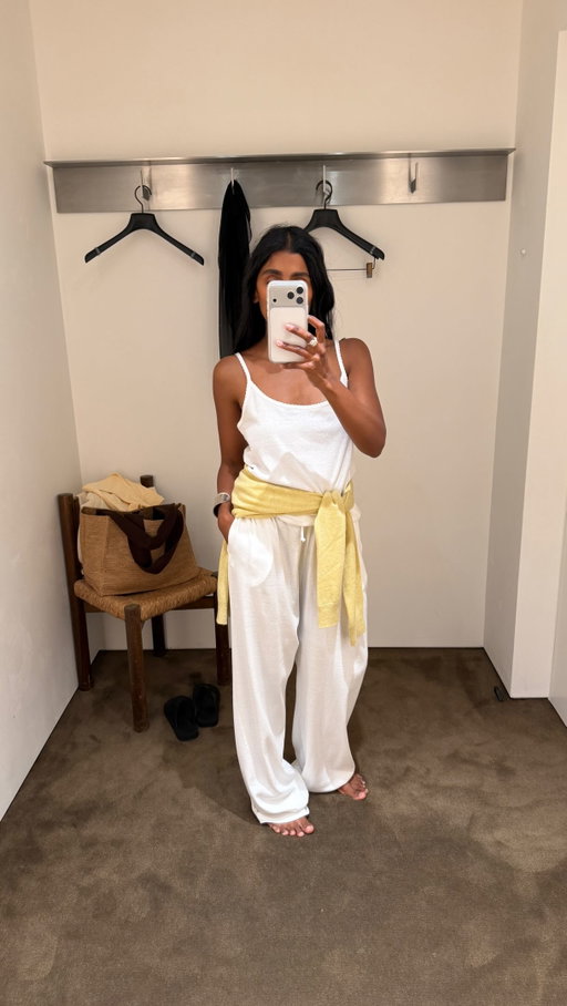 One of my fave looks from the fitting room. 

Usually I leave and try to recreate the feeling for less. The trousers? My Leset Nando pants already do the job. I’m still on the hunt for the perfect white vest (I’ve shared the best ones I’ve found in Stories). The yellow cashmere, though… I’ve been searching for an alternative since the start of the season and nothing came close, so this one came home.

Ignore the sizing - was just to try for the feel. And excuse the whispering… post cold, and I’m trying not to get told off.