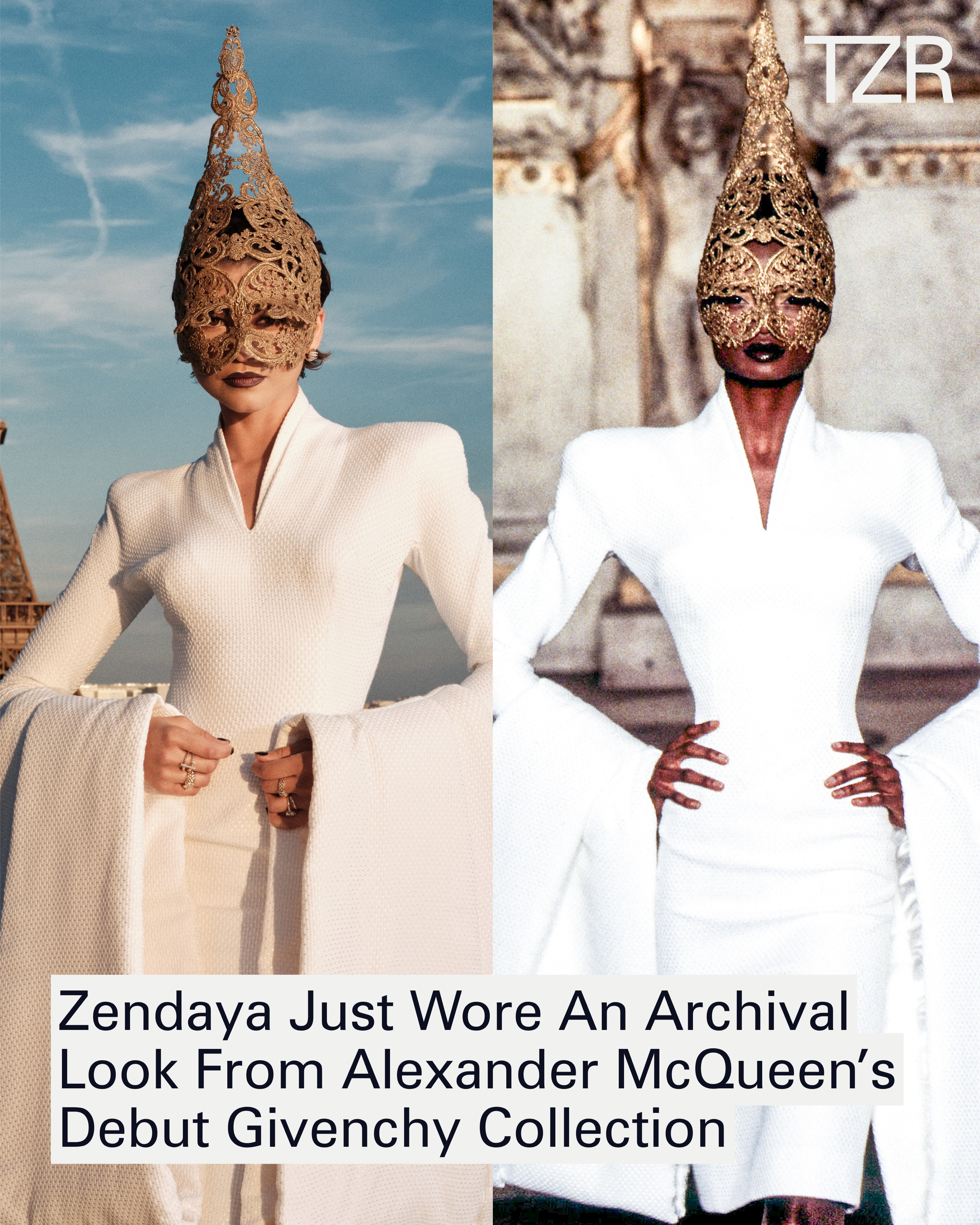 There are layers to this one. #Zendaya just stepped out in Paris wearing an archival look from Alexander McQueen’s legendary debut collection for @givenchy with a @philiptreacy headpiece. The Spring 1997 Haute Couture collection, titled “The Search for the Golden Fleece,” is centered entirely around Greek mythology—making it the ultimate thematic pull by @luxurylaw for #TheOdyssey press tour. 

📷: Getty