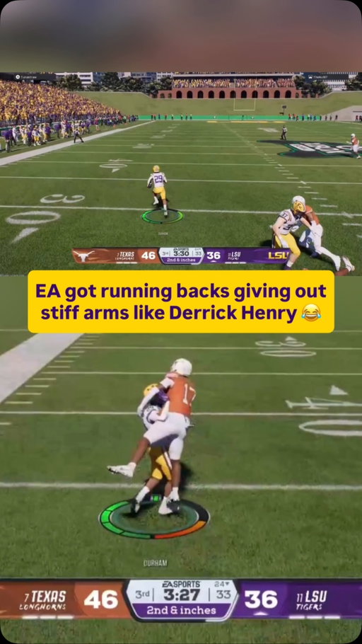 EA Sports College Football 27 went wild with stiff arms animations 😂

One of the newest gameplay animations in EA Sports College Football 27 was showcased by content creator “Tunastraw,” and some users online are asking if this is even realistic.

“Show ma a player doing this in real life,” wrote VandyTracker,  Vanderbilt fan page online.

The animation in question features LSU running back Caden Durham throwing a one-handed stiff arm that completely lifts a defender off the ground. 

While the clip of Durham doing this may not be as realistic as former Alabama running back Derrick Henry or even former Tiger legend Leonard Fournette, it does happen nowadays.

And that’s no stray to Durham, by the way.

The LSU running back enters his junior season with 1,258 career rushing yards, nine rushing touchdowns, and Freshman All-SEC honors already under his belt. 

Since arriving in Baton Rouge, he’s become one of the SEC’s most explosive backs, recording four runs of at least 50 yards while combining elite speed with the ability to run through defenders.

What’s been your favorite new gameplay animation so far? 🤔

VC: Tunastraw on X

#collegefootball #cfb #cfb26 #cfb25