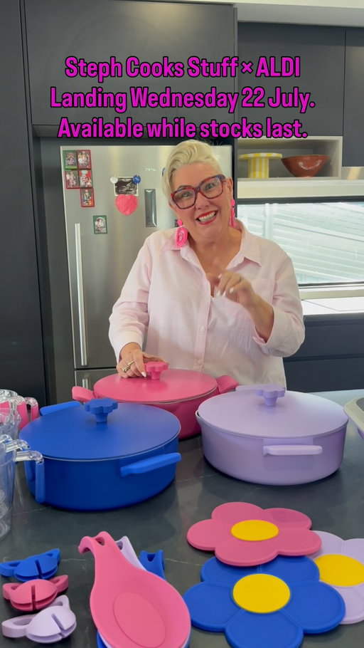 I can finally tell you… 💗

For almost a year, I’ve been keeping one of the biggest secrets of my career, and I honestly can’t believe I’m finally sharing it with you…
I’ve designed my very first cookware and kitchen essentials range with ALDI! 🥹
If you’ve been following me for a while, you’ll know my mission has always been to make cooking simple, affordable and enjoyable. Every recipe I’ve shared, every cookbook I’ve written and every dinner we’ve cooked together has led to this moment.
When I started designing this collection, I wanted cookware that looked beautiful, but was also made for real life. Pieces you’d actually reach for every day. Colourful, practical and affordable, because I truly believe everyone deserves to have a kitchen that makes them smile.

The range includes 13 colourful cookware and kitchen essentials, with prices starting from just $4.99.

Some of my favourites are:
💗 5L One Pot – $49.99
💗 Roasting Pan – $29.99
💗 Silicone Pot Vent & Spoon Holder – $4.99 (yes… it’s shaped like my glasses! 🤓)
💗 Apron & Oven Glove in a Matching Tote Bag – $19.99

The entire Steph Cooks Stuff x ALDI range will be available as a Special Buy from Wednesday 22 July, exclusively in ALDI stores nationwide.

I honestly can’t thank you enough for supporting me over the years. Whether you’ve cooked one of my recipes, bought one of my books, watched my videos or simply left a kind comment… you’ve helped make this dream possible.

I can’t wait to see these pieces in your kitchens and, even more importantly, I can’t wait to see the memories you make with them. ❤️

Tell me… which piece are you most excited about?

#ad #ALDIAustralia #stephcooksstuff