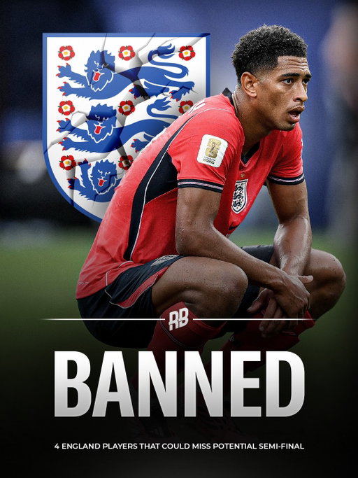 There are FOUR England players that could be suspended for a potential World Cup semi-final if they are booked against Norway on Saturday… 👀

🏴󠁧󠁢󠁥󠁮󠁧󠁿 Jude Bellingham
🏴󠁧󠁢󠁥󠁮󠁧󠁿 Nico O’Reilly
🏴󠁧󠁢󠁥󠁮󠁧󠁿 Declan Rice
🏴󠁧󠁢󠁥󠁮󠁧󠁿 Marc Guehi

There are fourteen other players that will pick up a one-game ban if they are booked in the quarter-finals:

🇲🇦 Issa Diop
🇲🇦 Achraf Hakimi
🇲🇦 Redouane Halhal
🇲🇦 Bilal El Khannouss
🇫🇷 Manu Kone
🇫🇷 Michael Olise
🇨🇭 Granit Xhaka
🇨🇭 Denis Zakaria
🇨🇭 Miro Muheim
🇪🇸 Ferran Torres
🇳🇴 Antonio Nusa
🇧🇪 Brandon Mechele
🇦🇷 Gonzalo Montiel

Do you think yellow cards should be wiped before the QF stage? 👇🏽
