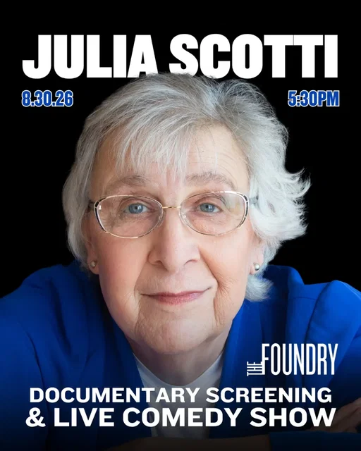 ⭐ JUST ANNOUNCED: JULIA SCOTTI 8/30 ⭐

Decades ago, Julia Scotti performed as Rick Scotti, and appeared on bills with Jerry Seinfeld and Chris Rock. Now, the trans comedian returns to the stage as "the crazy old lady of comedy," in this tender, funny, and triumphant comeback story.

•••

The evening will begin with a special screening of JULIA SCOTTI: FUNNY THAT WAY a documentary film by Susan Sandler (Crossing Delancey), including a special interlude spaghetti & meatball dinner provided by AMICI BERKSHIRES (gluten-free option available), topped of with a live stand-up set by JULIA SCOTTI herself!

•••

🎬 With breathtaking emotional honesty, this tender, funny, and powerful portrait of transgender comedian Julia Scotti explores the unrelenting courage and humor it takes to be Julia.

"Our next Betty White" - Deadline
"A second act that feels right" - The New York Times
"Must see" - Indie wire

•••

⭐ Julia Scotti is a remarkably busy lady. In addition to performing standup coast to coast, you have seen her on America's Got Talent and Showtime, where she was featured on the "More Funny Women of a Certain Age" special. Julia recently has been in "Elsbeth" on CBS!

•••

TICKETS & MORE INFO--> thefoundryws.com 🎟️