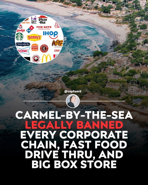 Carmel-By-The-Sea Legally Banned every corporate chain, fast food drive thru, and big box store

Carmel-by-the-Sea banned corporate chains and big box retailers in the 1980s, making it one of the first cities in America to do so

There are no drive-thrus or strip malls, as it’s all written directly into their municipal code

Every restaurant is independently owned, every shop is local, and a third of residents run their own businesses