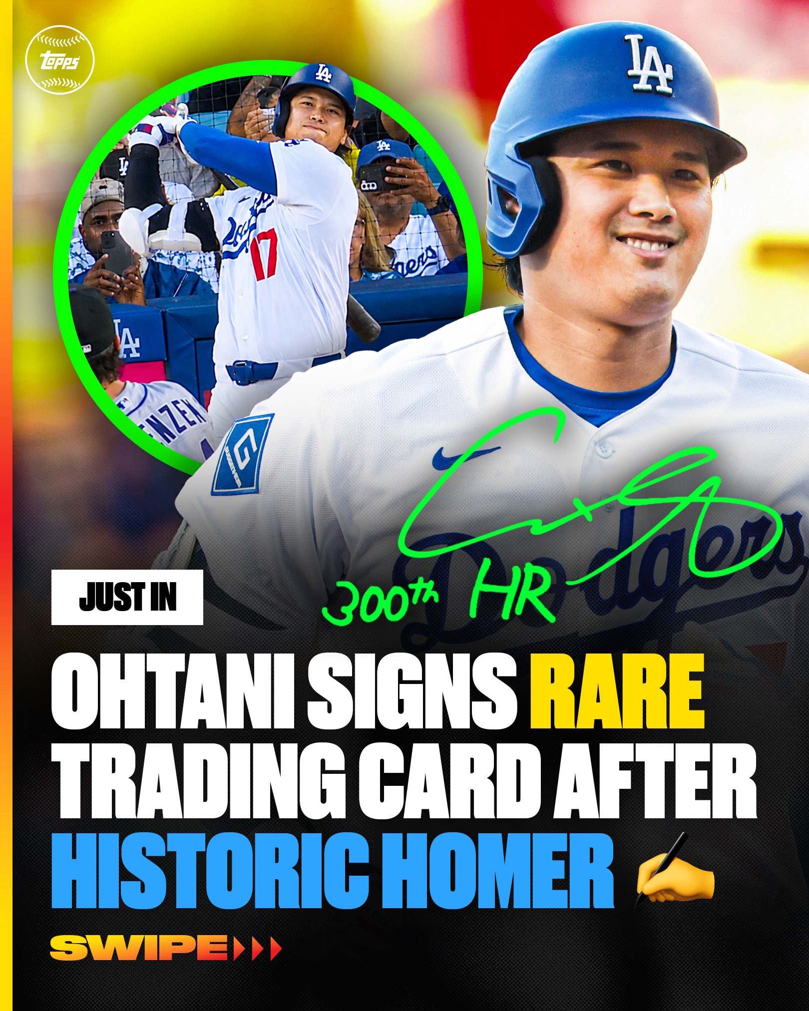 BREAKING: Shohei Ohtani signs new 1-of-1 trading card as the FIRST Japanese-born player to reach 300 career HR! 🇯🇵👏

His milestone homer came in his 1,101st career game, making him the fifth-fastest player in MLB history to reach 300 career HR! 🙌 Collectors who purchase the standard edition of this card will have a chance to receive this ultra-rare autographed copy with their order! 👀

🔗 Link in stories to purchase