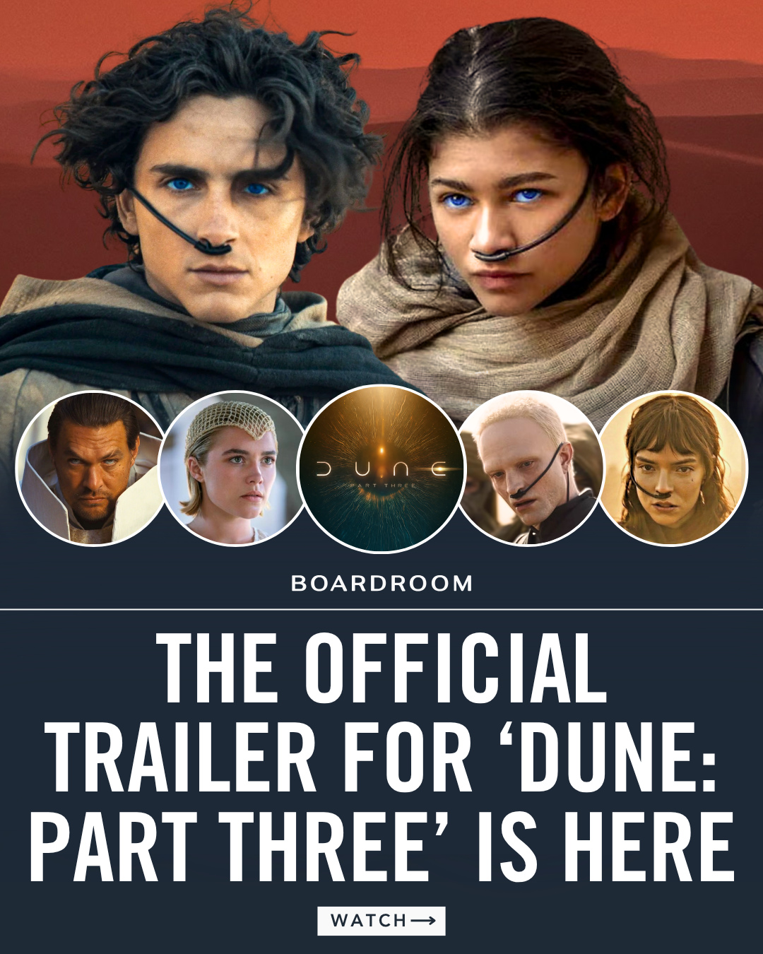 Denis Villeneuve has unveiled the first official full trailer for 'Dune: Part Three,' offering the biggest look yet at the epic conclusion to his sci-fi trilogy.⁠
⁠
Set 17 years after 'Dune: Part Two,' the trailer features Timothée Chalamet, Zendaya, Florence Pugh, Anya Taylor-Joy, Jason Momoa, Rebecca Ferguson, and Robert Pattinson, expanding the political and religious stakes of the trilogy’s final chapter.⁠
⁠
Shot largely on 65mm and IMAX film, the sequel arrives in theaters December 18.⁠
⁠
(🎥: @warnerbros)