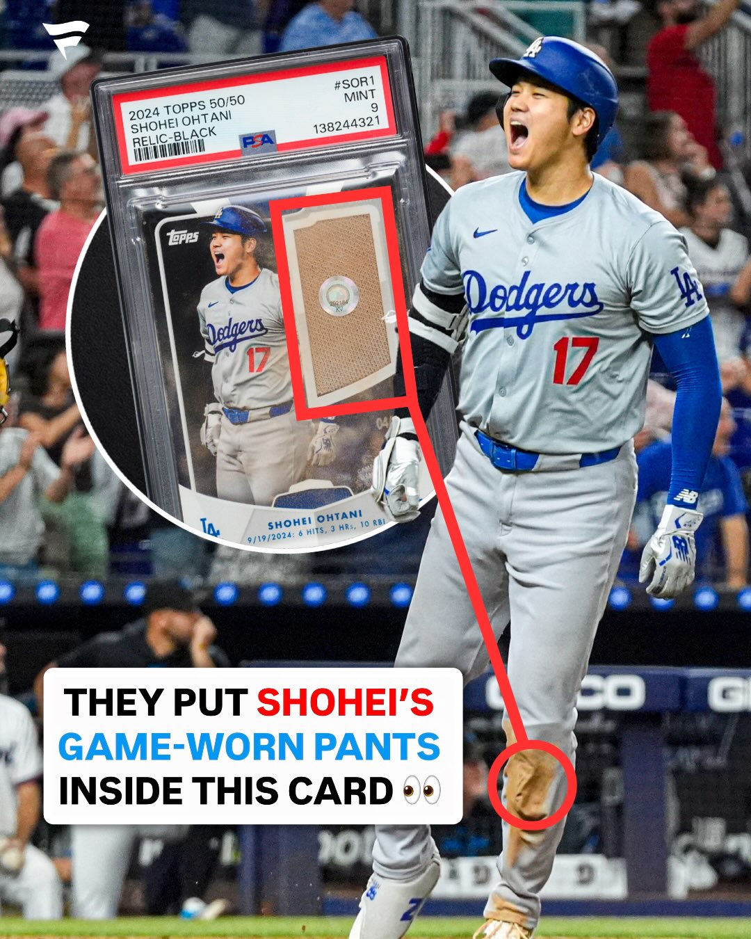 This card contains history 😱

In 2024, Shohei Ohtani became the first player in MLB history to record 50 home runs and 50 stolen bases in a single season.

Inside this card is a piece of Shohei Ohtani’s pants worn during the game on September 19th, 2024 where he broke this record.

This card is available in auction on Fanatics Collect with a current bid of $3,400.