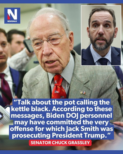 Internal Justice Department messages released by Senate Judiciary Committee Chairman Chuck Grassley, appear to show security lapses involving classified information inside former special counsel Jack Smith's office during the prosecution of President Donald Trump's classified documents case. ⁣
⁣
Grassley released the communications along with a letter to acting Attorney General Todd Blanche seeking answers about whether the incidents were investigated, whether any classified information was compromised, and whether the issues involved evidence used in Smith's prosecution of President Donald Trump, according to reports. ⁣
⁣
"Talk about the pot calling the kettle black," Grassley said in a statement. "According to these messages, Biden DOJ personnel may have committed the very offense for which Jack Smith was prosecuting President Trump."⁣
⁣
For more info on this story, please visit the link in our bio or Newsmax.com.