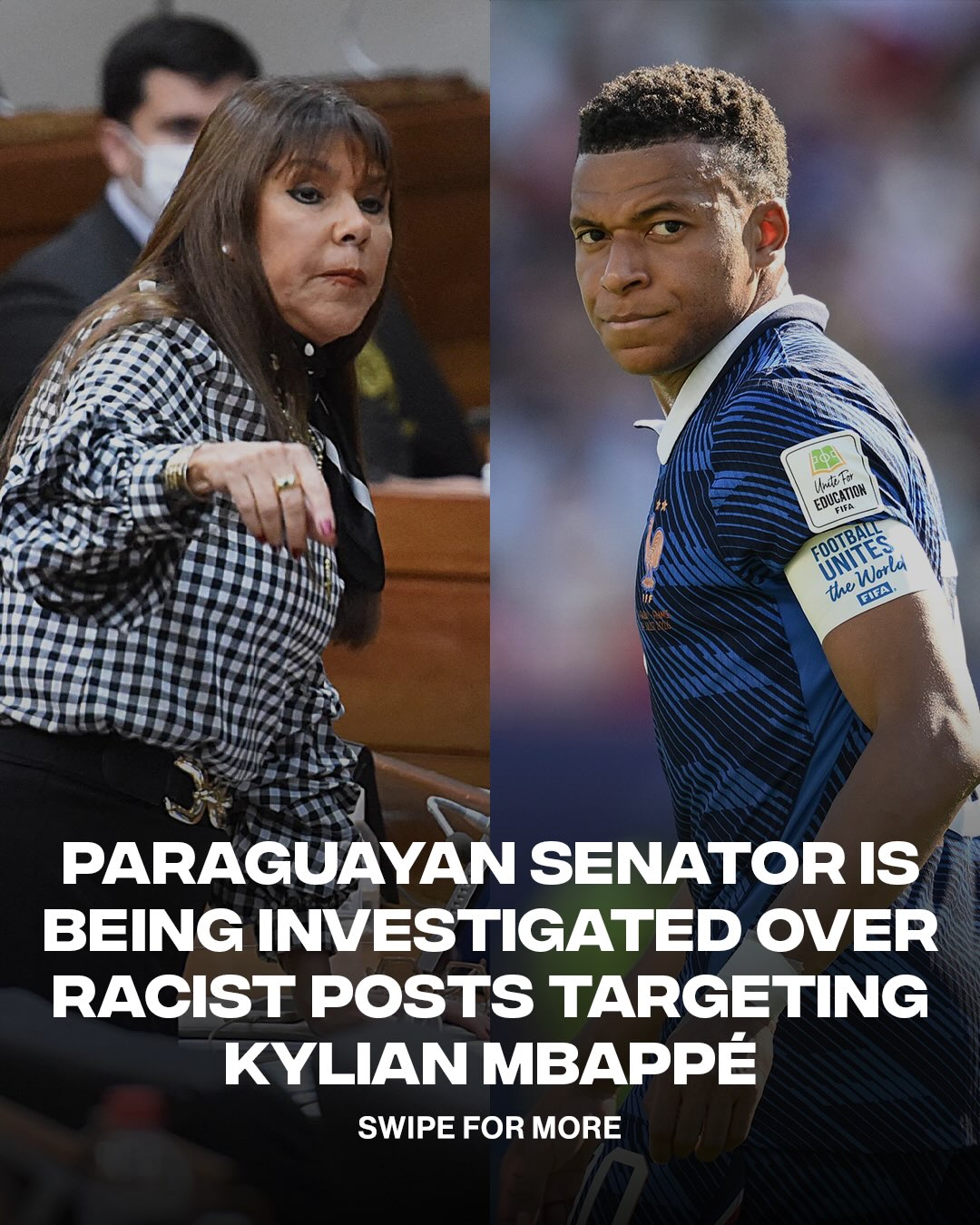 French prosecutors have opened an investigation into racist social media posts targeting Kylian Mbappé.
 If charged, Paraguayan senator Celeste Amarilla could face up to one year in prison and a €45,000 (about $51,000) fine for alleged public insults or inciting hatred under French law.

[📸: GETTY, via @guardian ]