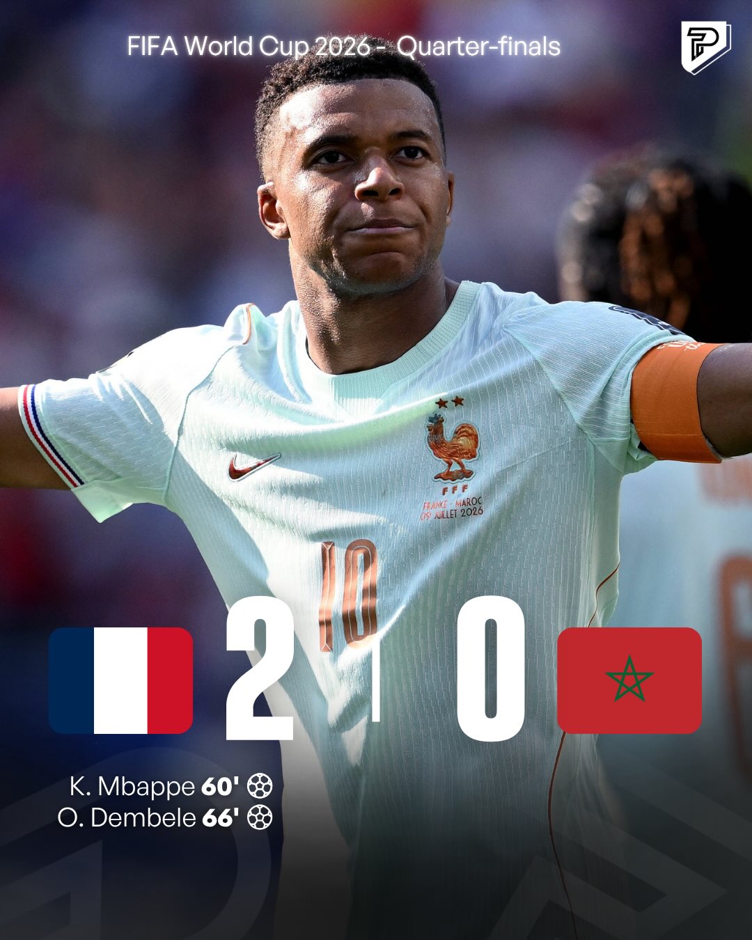 France are through after beating Morocco 2-0 to reach the World Cup semi-finals. 🇫🇷🔥

Kylian Mbappé broke the deadlock just after the hour mark before Ousmane Dembélé doubled France’s lead six minutes later, sending Les Bleus into the final four.

Another clinical performance from France, who are now one step closer to another World Cup final, while Morocco’s incredible run comes to an end with plenty to be proud of. ❤️

#Pubity #WorldCup #France #WorldCup2026 #Football