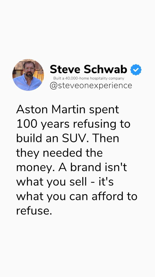 A brand isn’t what you sell, it’s what you can afford to refuse. 

When your primary goal is simple top-line addition, you'll compromise your identity the second a market shift happens or cash gets tight. Look at Aston Martin: 100 years of holding a premium standard, only to fold and build an SUV when they needed the money.

True brand integrity means sticking to your core principles even when it's inconvenient.

The biggest mistake scaling operators make is assuming every new customer or product category is a win. Real corporate durability belongs to the companies that recognize what they do best and have the discipline to say "no" to everything else. Refuse the noise, secure your specialized niche, and let your distinct focus be your ultimate competitive moat. #BrandIdentity #CorporateStrategy #SystemsDesign #BusinessLongevity