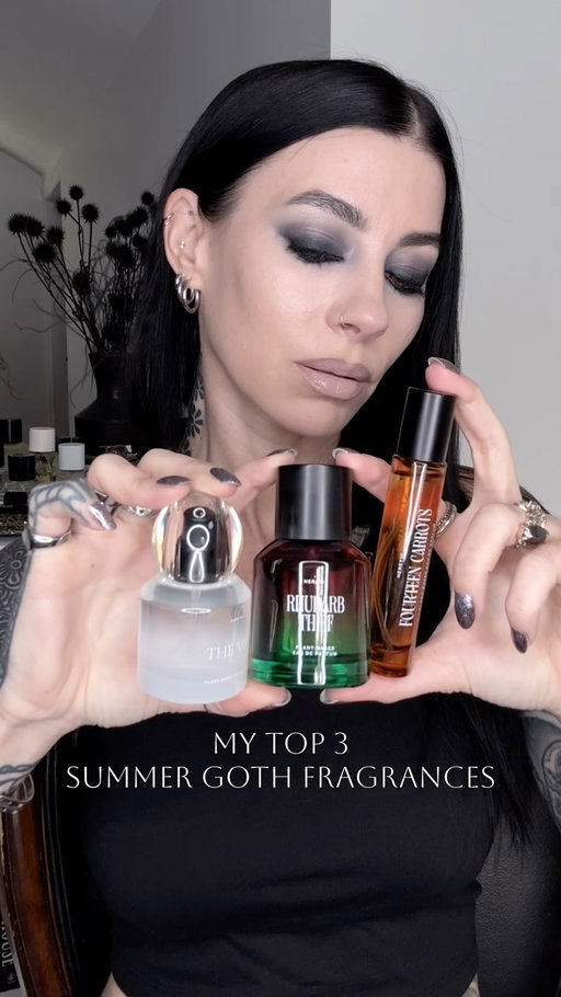 My Top 3 Summer Goth Fragrances, something fruity, something clean, something fresh + all with a touch of @hereticparfum signature spookiness *use affcode HAZE20 for 20% off Heretic Parfum*