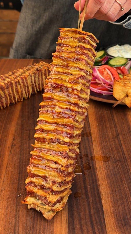 🔥 Tortilla Kebabs with Garlic Butter & Tzatziki

A fun twist on classic kebabs. Crispy tortillas, smoky seasoned beef, garlicky butter, cool tzatziki, and a fresh tomato-cucumber salad—this one's guaranteed to impress.

Ingredients
• 1½ lb ground beef (80/20)
• 6 flour tortillas
• 1 tsp each: kosher salt, black pepper, cumin, garlic powder, smoked paprika
• ½ tsp dried oregano
• ½ grated yellow onion
• 3 cloves garlic, minced

Garlic Butter
• 4 tbsp melted butter
• 2 cloves garlic, minced
• Pinch of salt

Tzatziki
• 1 cup Greek yogurt
• 1 Persian cucumber, grated & drained
• 1 garlic clove, minced
• 2 tbsp chopped dill
• 1 tbsp lemon juice
• ½ tsp salt

Tomato-Cucumber Salad
• Roma tomatoes
• Persian cucumber
• Red onion
• Parsley, mint & dill
• Red wine vinegar
• Olive oil
• Salt & pepper

Method
1️⃣ Preheat your Traeger to 450°F with Hickory pellets.

2️⃣ Mix the beef with the seasonings, grated onion, and garlic.

3️⃣ Trim tortillas into squares. Spread each with a thin layer of beef, stack them, then cut into 9 rectangles. Skewer through the layers.

4️⃣ Grill for 10–12 minutes, flipping once and brushing with garlic butter halfway through.

5️⃣ While the kebabs cook, stir together the tzatziki and toss the tomato-cucumber salad.

6️⃣ Brush the finished kebabs with more garlic butter and serve alongside the tzatziki and salad.

Smoky, crispy, buttery, and packed with fresh flavor—these kebabs are about to become a new backyard favorite.

#Traeger #TraegerGrills #TraegerRecipes #Traegerhood #Kebabs #WeeknightDinner #WoodFiredFlavor #BBQ #Grilling