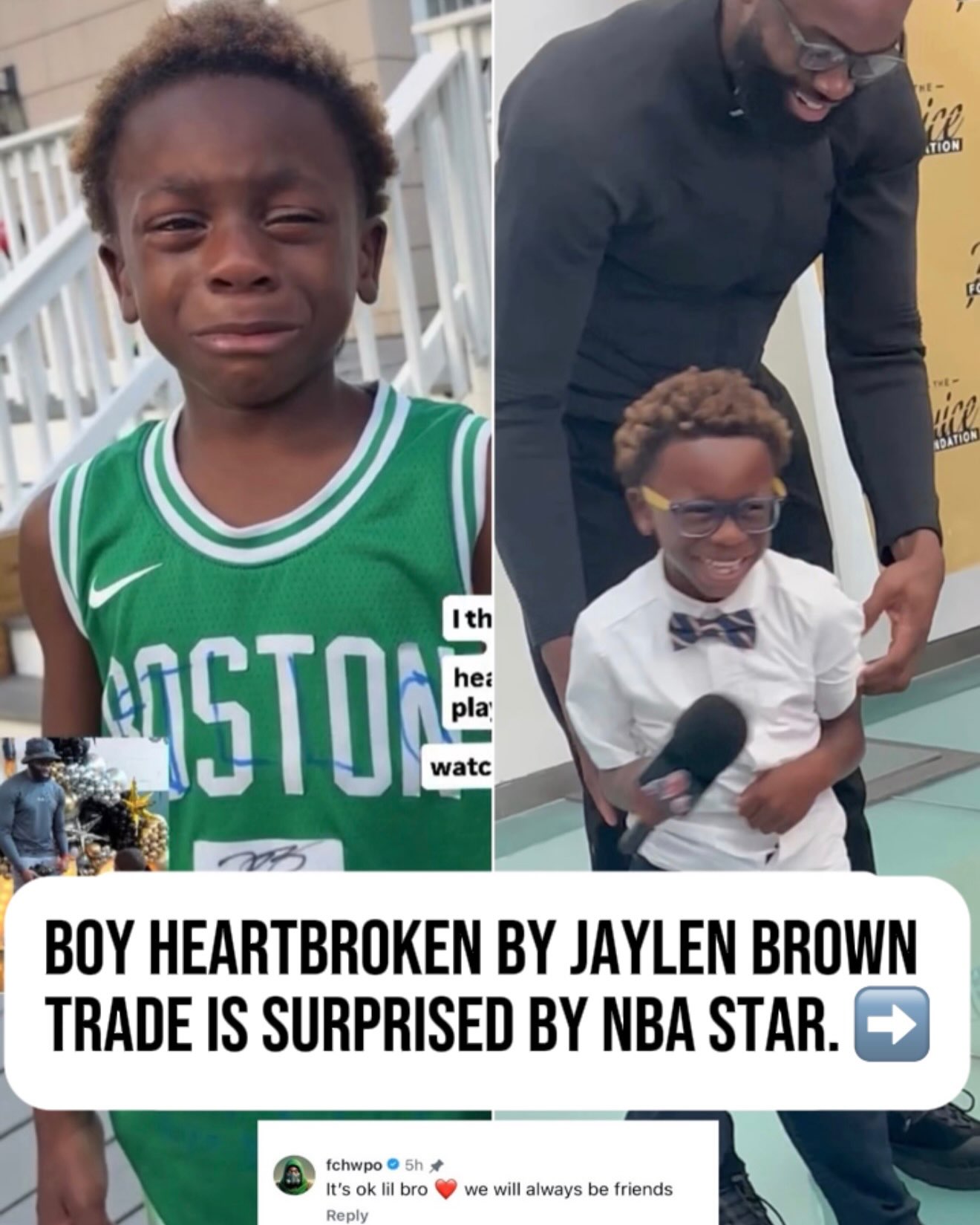 Jaylen Brown recently met with his 6-year-old superfan, Gio, who went viral for breaking down in tears following the news of Brown’s trade. After Brown saw the emotional video and promised Gio, “It’s ok lil bro, we will always be friends,” he invited the young fan to his youth camp to meet him in person. @gio_thetiger @fchwpo 

This is Gio’s reaction 🥹.

Jalen followed up on his promise that they’d always be friends. 🥰