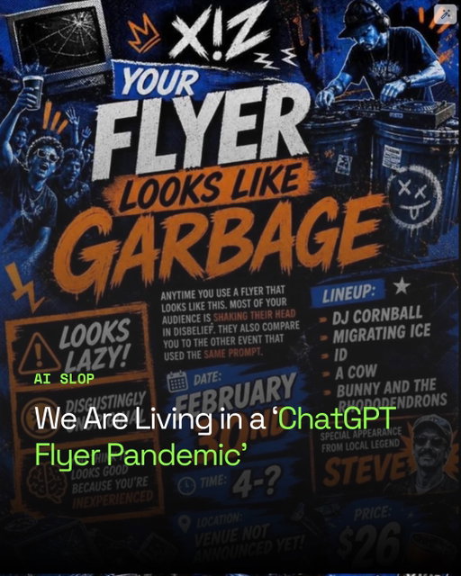 Once you notice a ChatGPT flyer, you will see them everywhere if you keep your eyes open. The art of the format is basically big, flashy bright text on dark background and an AI-generated or AI-altered image. There is almost universally a little box of generic icons in a bulleted list vaguely tied to whatever event or business it’s advertising, lines coming off of the text to emphasize whatever it’s saying, and either bolded words or underlined text and tons of arrows and checkmarks haphazardly strewn throughout. It is easier to just show you what they look like than describe it, because they all look basically the same (swipe through).

“Your logo, food truck wrap, social media graphics, menus all look AI generated,” designer @kenzigreendesign said in a video. “People are going to be able to spot that from a mile away and choose the competitor next to you that looks like they actually hired a human being,” she said. “It might feel like you’re ‘saving time and money,’ but you’re actually slowly turning your brand into something generic like all the other brands out there using AI tools.”

Jonathon Yule, executive creative director for design at the creative studio @concretedesignstudio told 404 Media that these types of posters continue a long tradition of terrible graphic design that we see in the world, but with “none of the charm” that may accidentally come from a business owner making something low quality. “ These types of posters would have typically been done by designers either working at a small agency or print shop and these mid-level design jobs are disappearing,” he added.

With a ChatGPT poster, you get none of the sheer emotion that comes through the page with a mouse-drawn X. Here’s to bringing back an MS Paint aesthetic, handwritten scribbles, or literally anything else, @jasonkoebler writes. Read at 404media.co.