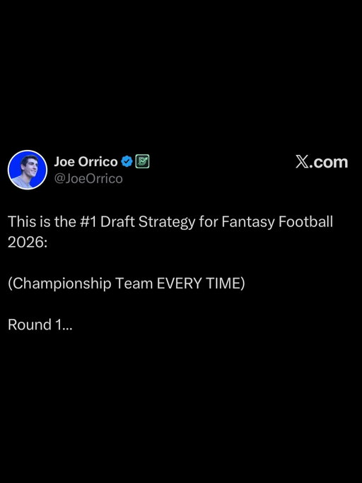 This is the #1 Draft Strategy for Fantasy Football 2026:

(Championship Team EVERY TIME)

**Round 1**

I’ll state the obvious.

Bijan Robinson and Jahmyr Gibbs are the best two picks.

After them, it’s simple...

Draft WR:

* Ja’Marr Chase
* Puka Nacua
* Jaxon Smith-Njigba
* CeeDee Lamb
* Justin Jefferson

Avoid mid-Round 1 Christian McCaffrey and Jonathan Taylor.

They’re the same tier as Round 2 RBs.

Take James Cook if all of the above are gone.

**Round 2**

Good rule of thumb:

Draft the opposite position from Round 1.

If you drafted Robinson or Gibbs:

* Nico Collins
* A.J. Brown

If you drafted a WR:

* Derrick Henry
* Chase Brown
* Kenneth Walker III

Exception:

If you got “stuck” with James Cook in Round 1:

* Omarion Hampton
* Saquon Barkley

**Round 3**

Draft the same position as Round 2.

Best RBs:

* Javonte Williams
* Kyren Williams
* Josh Jacobs

Best WRs:

* George Pickens
* Rashee Rice
* Chris Olave

You can entertain Josh Allen here if he falls.

Otherwise, let QB and TE value come to you.

**Round 4**

There’s value everywhere.

Take your favorite player.

TE

* Colston Loveland (early)
* Tyler Warren (late)

WR

* Davante Adams
* Luther Burden
* Emeka Egbuka
* Ladd McConkey
* Garrett Wilson

RB

* Cam Skattebo

Avoid:

* Zay Flowers
* Jaylen Waddle
* QB

**Round 5**

You want at least 2 RBs and 2 WRs through five rounds.

Target these RBs:

* David Montgomery
* TreVeyon Henderson
* Quinshon Judkins

Target these WRs:

* Christian Watson
* Rome Odunze
* Carnell Tate
* Mike Evans

**Round 6**

You want at least 1 QB and/or 1 TE through six rounds.

TE targets:

* Harold Fannin Jr.
* Tucker Kraft
* Or better

QB targets:

* Jayden Daniels
* Jalen Hurts
* Or better

**Rounds 7+**

Fill out and balance your roster with value.

Best value QBs:

* Justin Herbert
* Kyler Murray
* Jaxson Dart

Best value WRs:

* Quentin Johnston
* Brian Thomas Jr.
* Xavier Worthy

Best value RBs:

* Jonathon Brooks
* Jordan Mason
* Rico Dowdle

Best late-round sleepers:

* Keaton Mitchell
* Nick Singleton
* Chig Okonkwo
* Jalen Nailor
* Cam Ward

Ask me anything in the NoExpertFS Discord:
http://tinyurl.com/DiscordNoExpert

#Fantasyfootball #Fantasyfootballdraft
