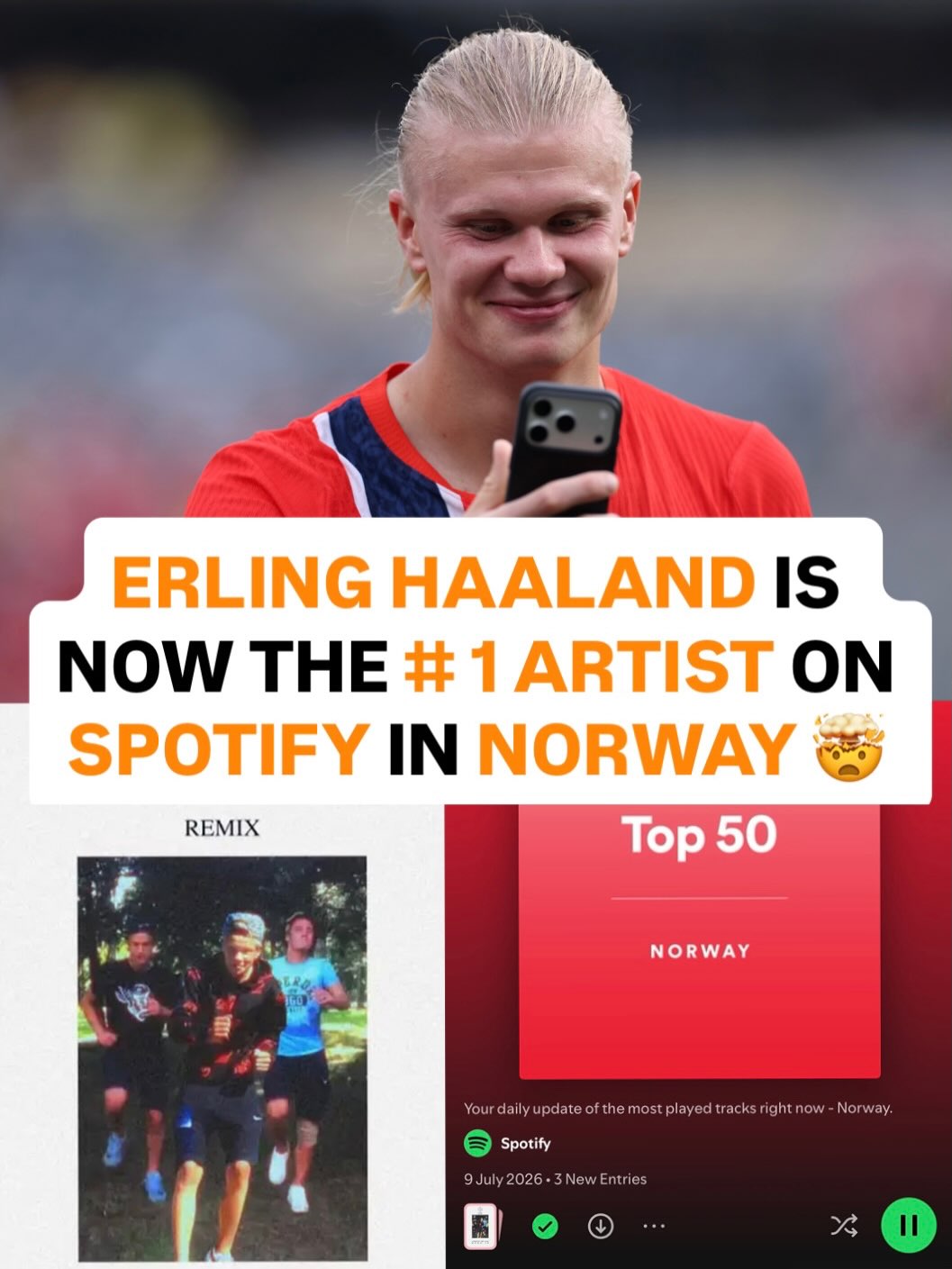 Erling Haaland can now add hitmaker to his resume 😂

Haaland’s World Cup stardom has led fans to rediscover a song he released in 2016 under the group name Flow Kingz, and producer Kygo just dropped a remix called “Kygo Jo”‼️

The song is currently #1 on Spotify and Apple Music in Norway 🤯

Haaland showed love to Kygo on IG, and Kygo returned the favor by calling him a “part time footballer, full time artist” 🔥

What do y’all think of the remix⁉️