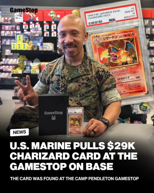 This PSA 10 1996 Japanese Charizard Holo chase card was pulled from a Power Pack at the GameStop on Camp Pendleton in California. Thank you for your service and support!