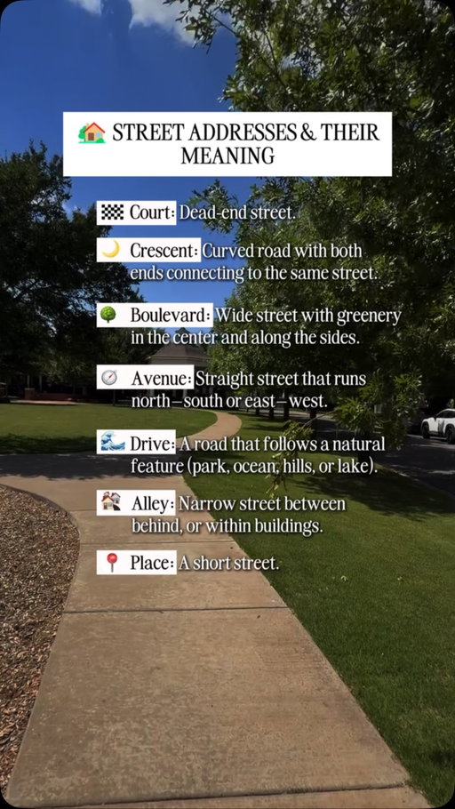 Ever notice that some street names actually have a meaning?

Most of us drive right past them without giving them a second thought, but understanding the little details about a neighborhood can actually help you become a more informed Lubbock HOME BUYER.

Will knowing the difference between a Court and a Boulevard determine whether you buy a house? Probably not.

But here’s what it does remind us
Buying a home is about so much more than granite countertops and pretty photos online.
It’s about understanding the neighborhood, the lifestyle, the location, and how that home fits the next chapter of your life.

If you’re thinking about moving to Lubbock my goal is to help you buy with confidence, not confusion.
SPOT ON STRATEGY: Learn the area as well as you learn the house. The right location will serve you long after the excitement of the kitchen remodel wears off.

Here’s to smart moves, great neighborhoods, and finding the perfect spot to call home.