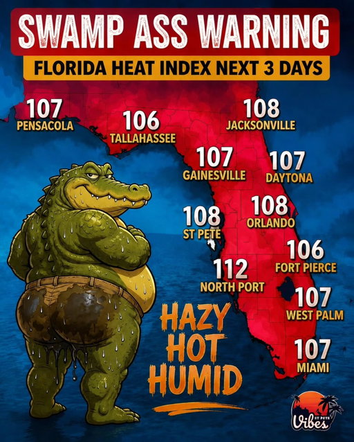 If the explosive diarrhea doesn't get ya... that swamp ass will. 😂

Y'all... we are officially in the middle of the cooker.

AKA... Swamp Ass Season around these parts.

It's one of those days where you walk outside for 30 seconds, and your underwear files for divorce. 😂

The actual temperature is brutal, but once you mix in this Florida humidity, the heat index is pushing into the 105°–110° ranges this week, That's the kind of weather where your sunglasses fog up, your steering wheel becomes a branding iron, and the walk from the parking lot feels like you're crossing the Sahara.

Hydrate. Find some A/C. Check on your people who work outside.

And for the love of all things holy...
Powder up, my friends. 😂🌴

#StPeteVibes #StPete #StPeteBeach #FloridaHeat #SwampAssSeason